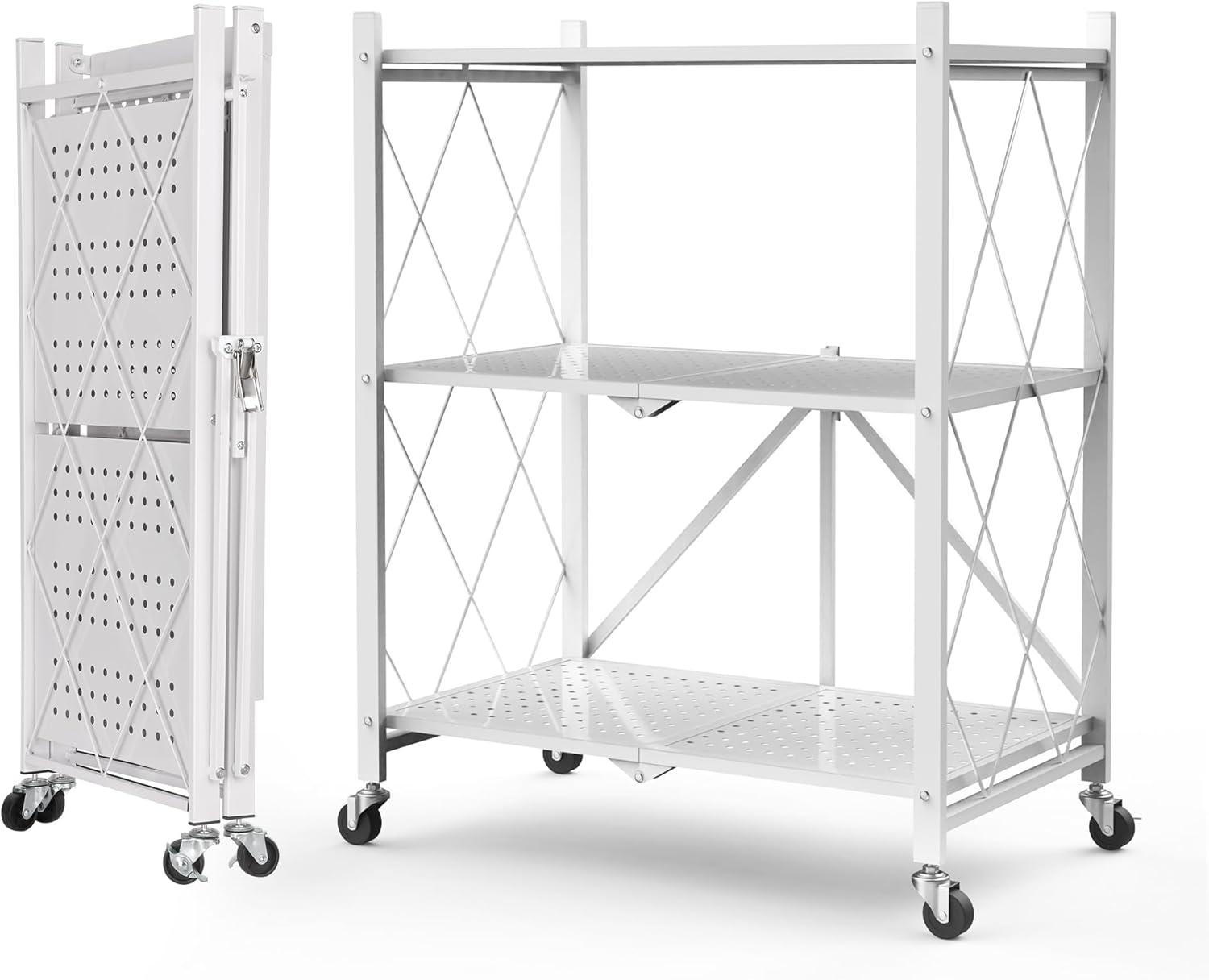 3-Tier Storage Shelves with Wheels, Folding Bookshelf No Assembly, Metal Display Shelf for Balcony, Kitchen, Basement, Pantry, White