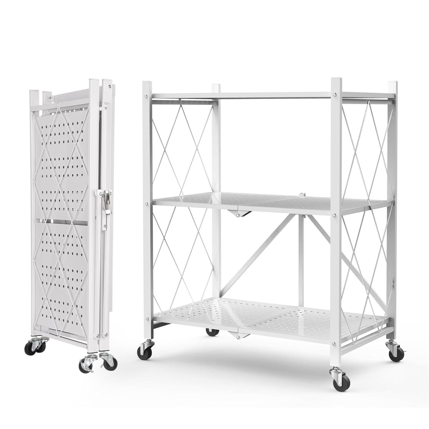 3-Tier Storage Shelves with Wheels, Folding Bookshelf No Assembly, Metal Display Shelf for Balcony, Kitchen, Basement, Pantry, White