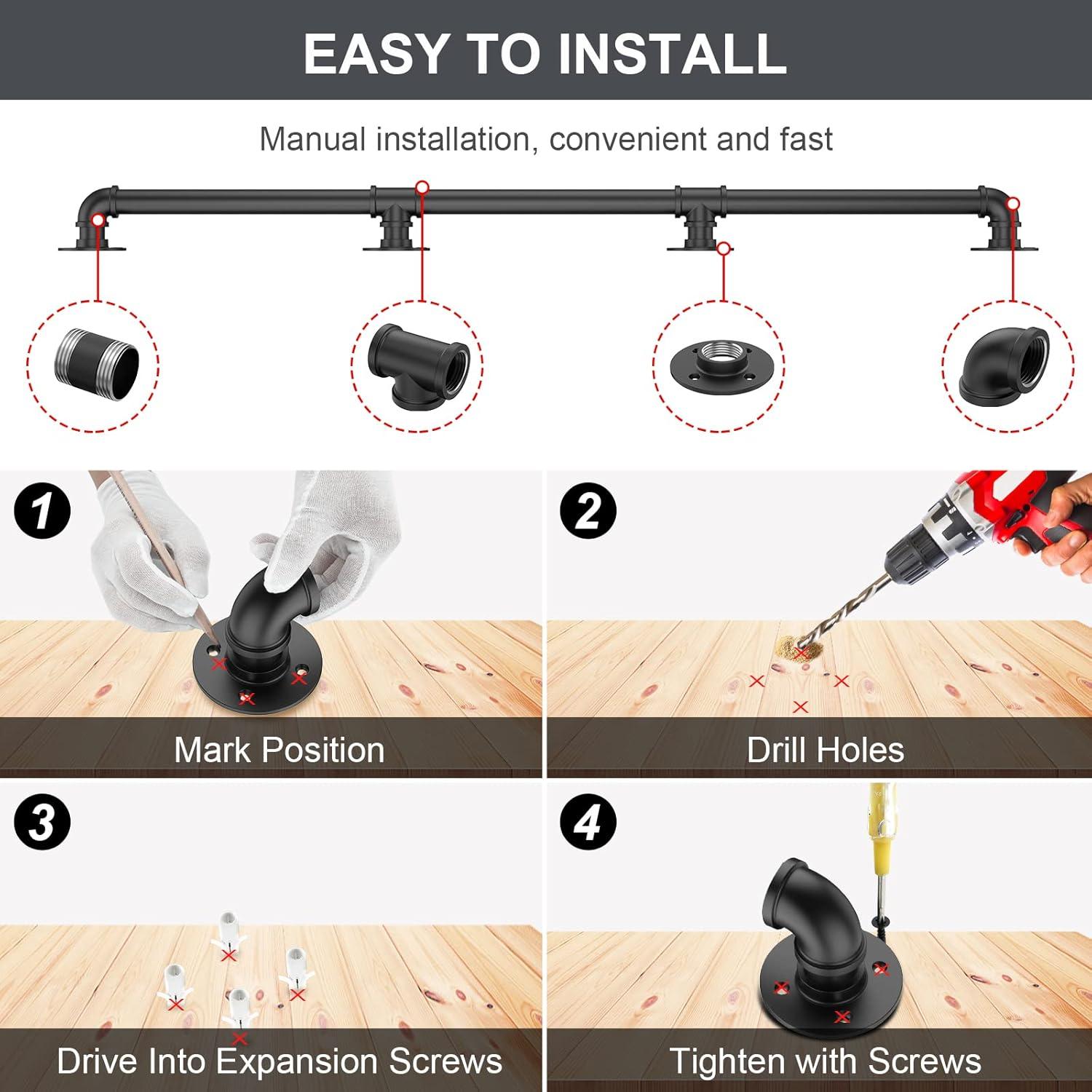 4FT Industrial Stair Railing Wall Mount Staircase Handrail φ1.3" Pipe Hand Rail for Steps Grab Bar Foot Rail Vintage Pipe Railing Black Deck Handrail for Outdoor Indoor Stairs Porch