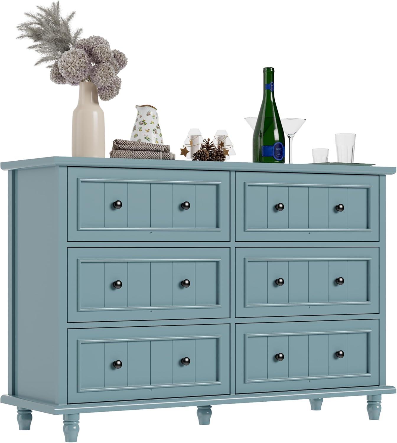 Scurrty 6 Drawer Dresser, Antique Chest of Drawers, Large Cabinet with Storage, Big Dresser for Clothes in Living Room, Bedroom (Blue)