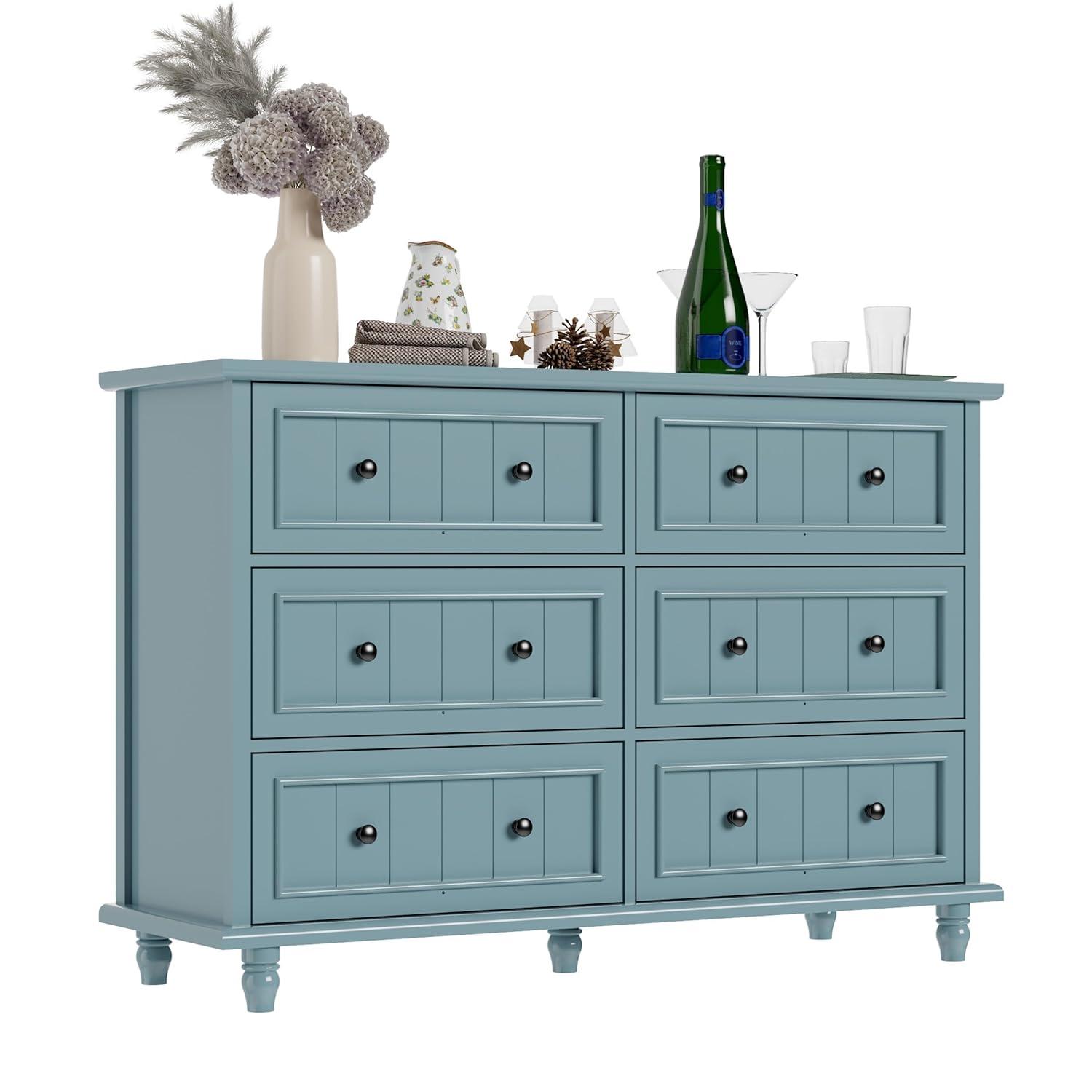 Scurrty 6 Drawer Dresser, Antique Chest of Drawers, Large Cabinet with Storage, Big Dresser for Clothes in Living Room, Bedroom (Blue)