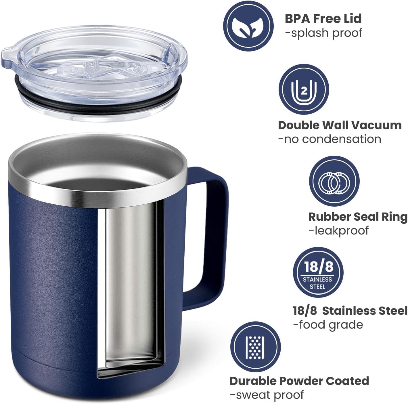 12oz Stainless Steel Insulated Coffee Mug with Handle, Double Wall Vacuum Travel Mug, Tumbler Cup with Sliding Lid, Navy