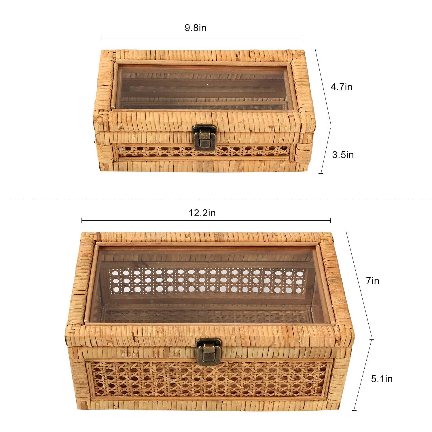 Rattan Decorative Box with Lid, Rectangular Woven with Glass for Display, Set of 2 Wicker for Decor