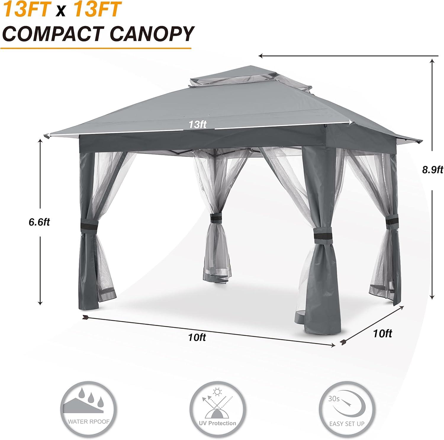 Grey 13x13 Pop Up Gazebo Tent with Mosquito Netting