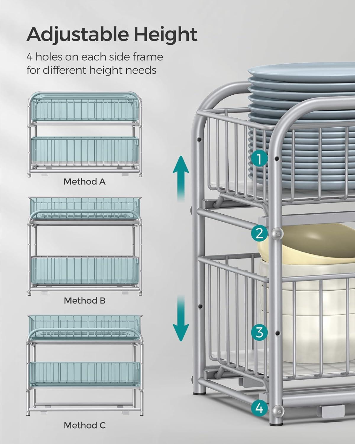 Silver 2-Tier Sliding Cabinet Organizer with Plastic Drawers