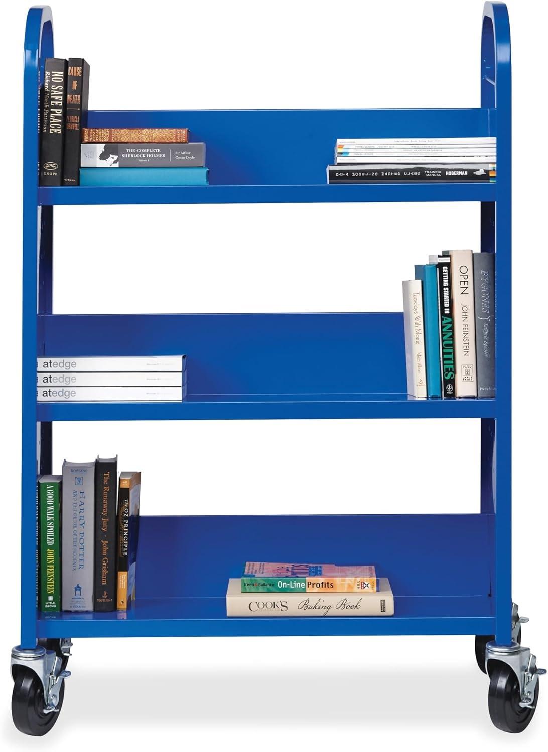 Blue Single-Sided Steel Book Cart with Three Shelves