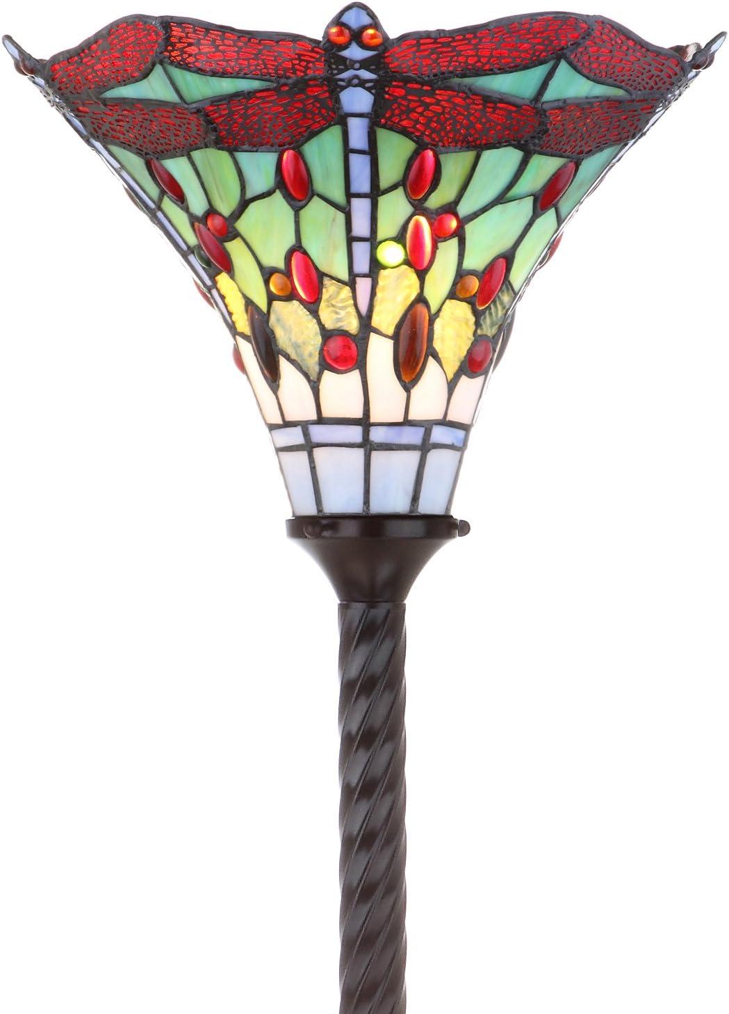 Dragonfly Tiffany-Style 71" Bronze Stained Glass Torchiere Lamp