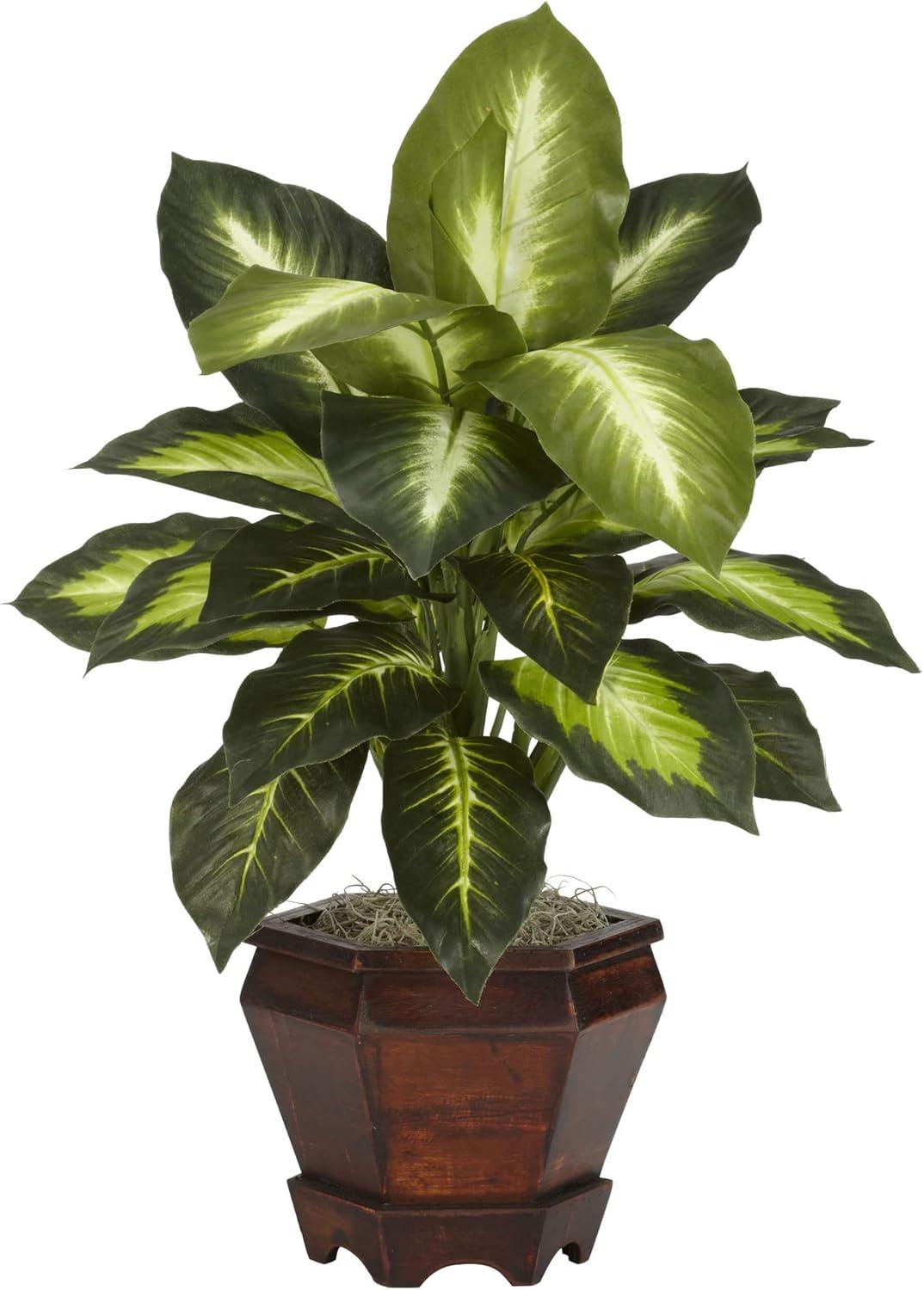 Nearly Natural Dieffenbachia with Wood Vase Silk Plant (Set of 2), Assorted