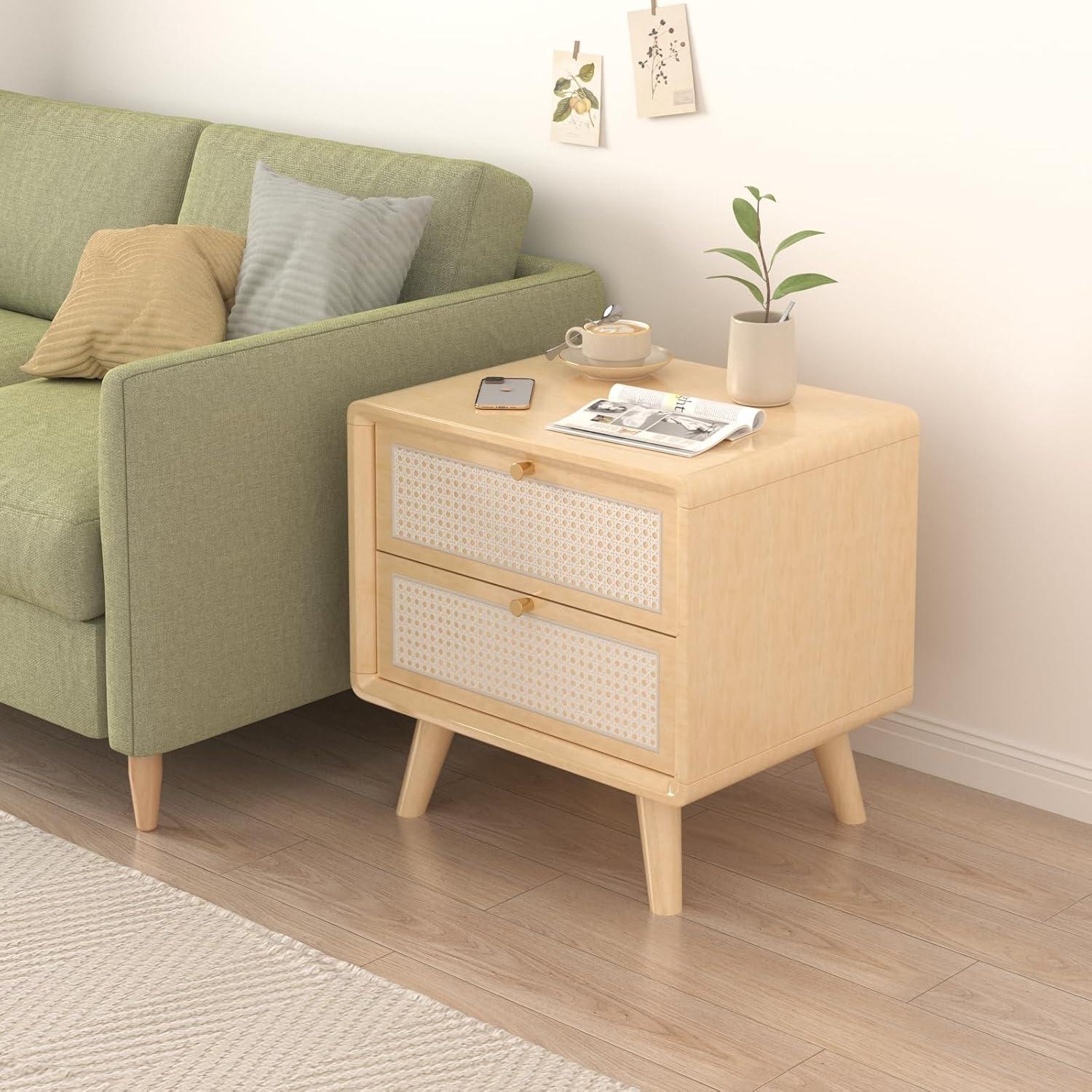 Natural Solid Wood and Rattan 2-Drawer Nightstand