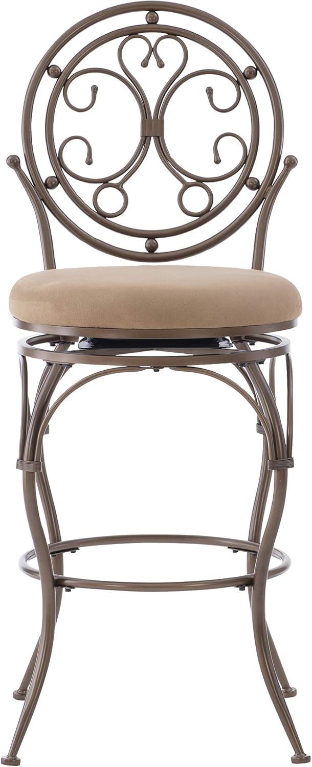 Linon Baila Big & Tall Metal Bar Stool Scroll Back Swivel Padded Seat in Bronze