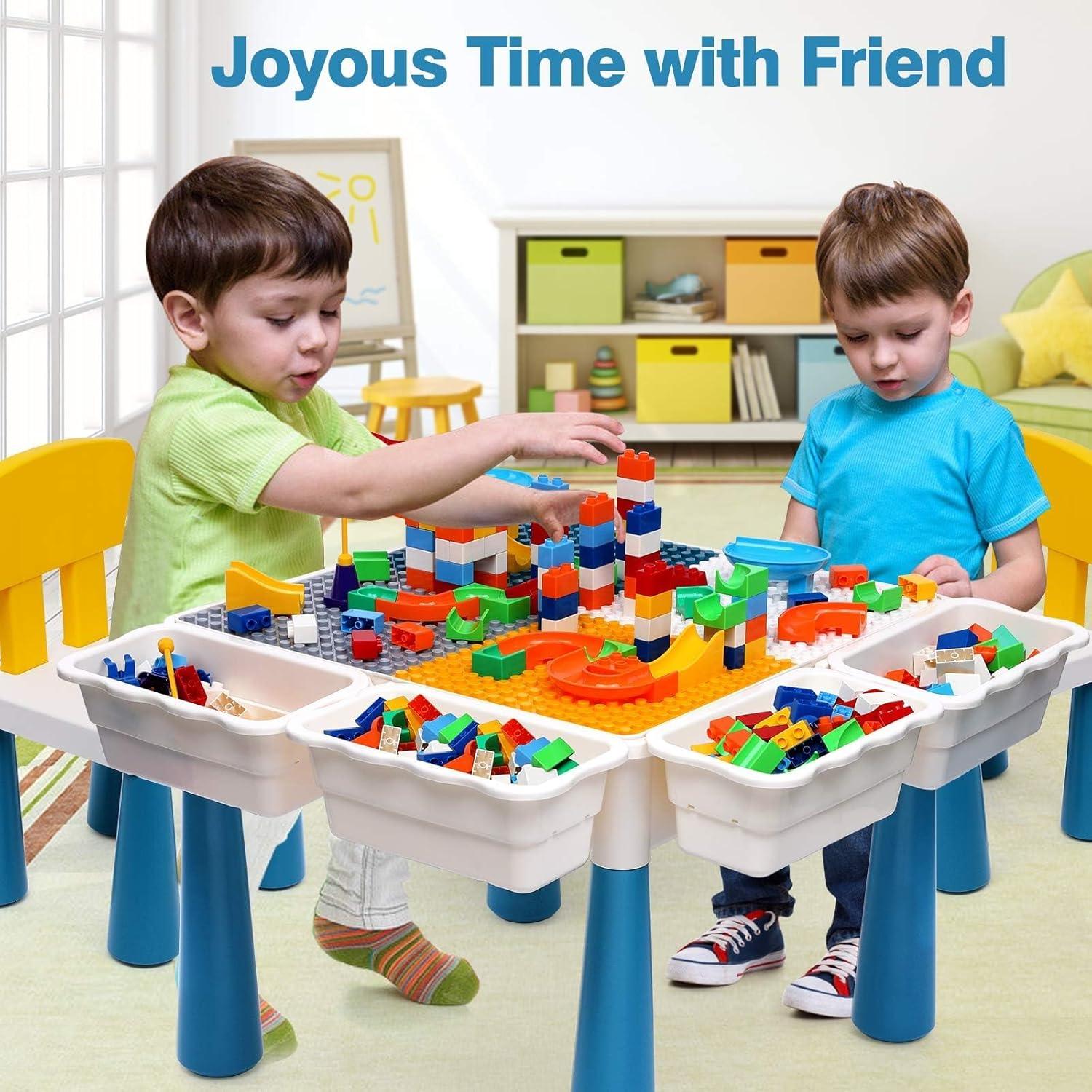 7 in 1 Kids Activity Table and Chair Set with 152Pcs Large Marble Run Building Blocks, Sand/Water Table, Toddler Learning Play Table Toys for Girls Boys Toddler Age 3-7