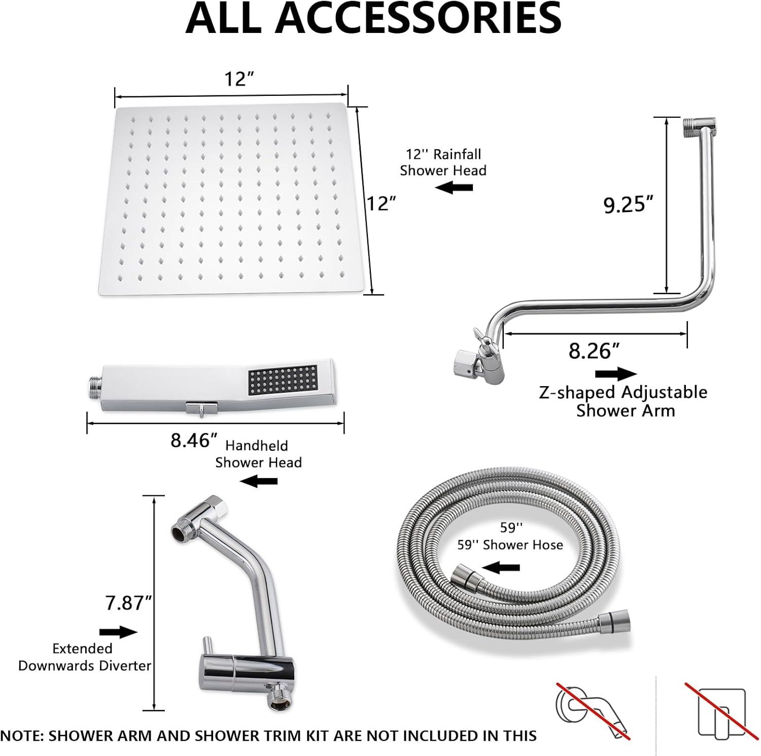 PDPBath All Metal 12'' Rainfall Shower Head with Handheld Combo, Upgrade 3-Way Diverter with Pause Setting, High Pressure Rain Shower Head with Z-shaped Extension Arm, 59" Hose, Brushed Nickel