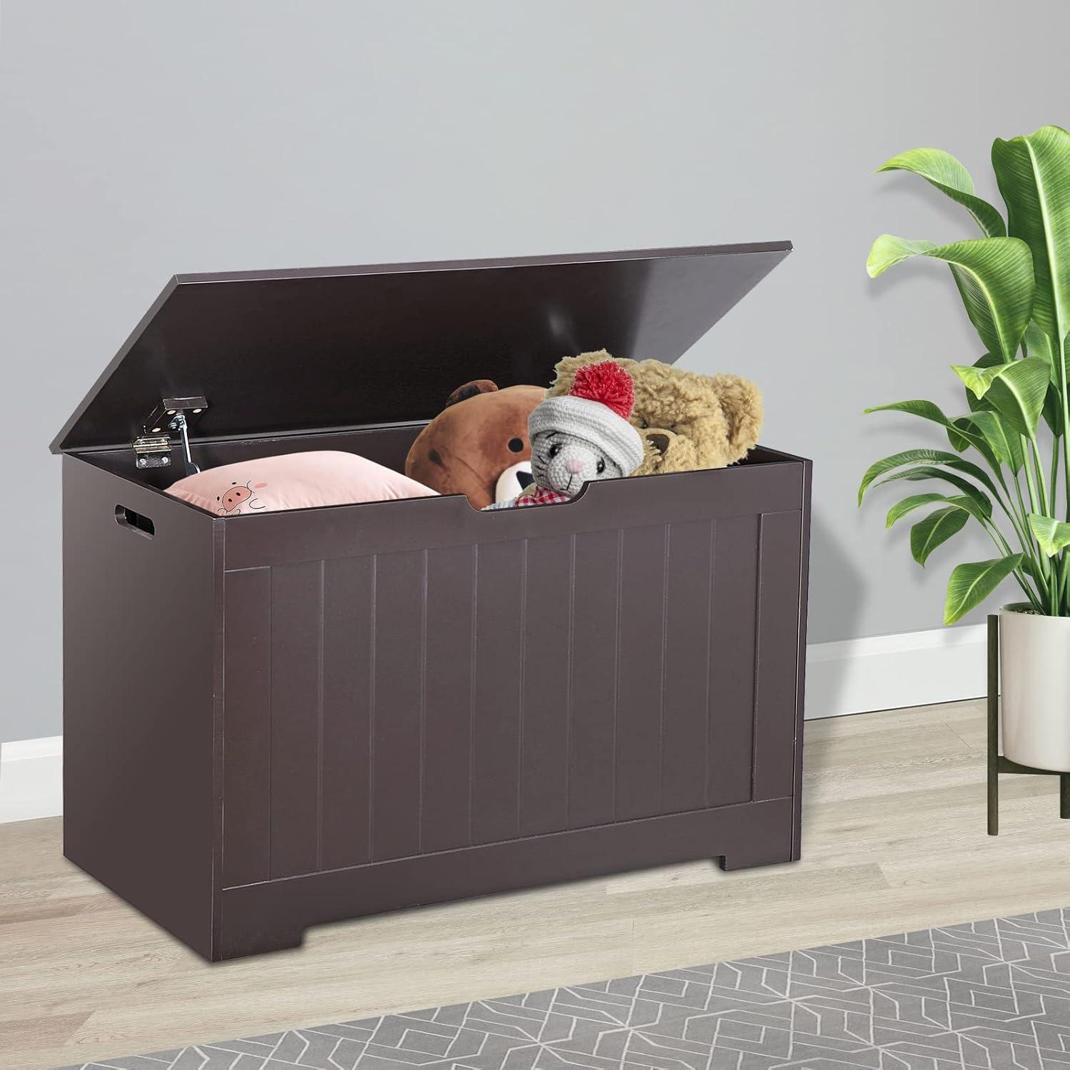 Toy Chest for Girls Boys Wooden Storage Box with Flip-top Lid & Safety Hinge, Kids Room Play Room Nursery Organizer, Bedroom Bench with 100L Storing Area, Brown