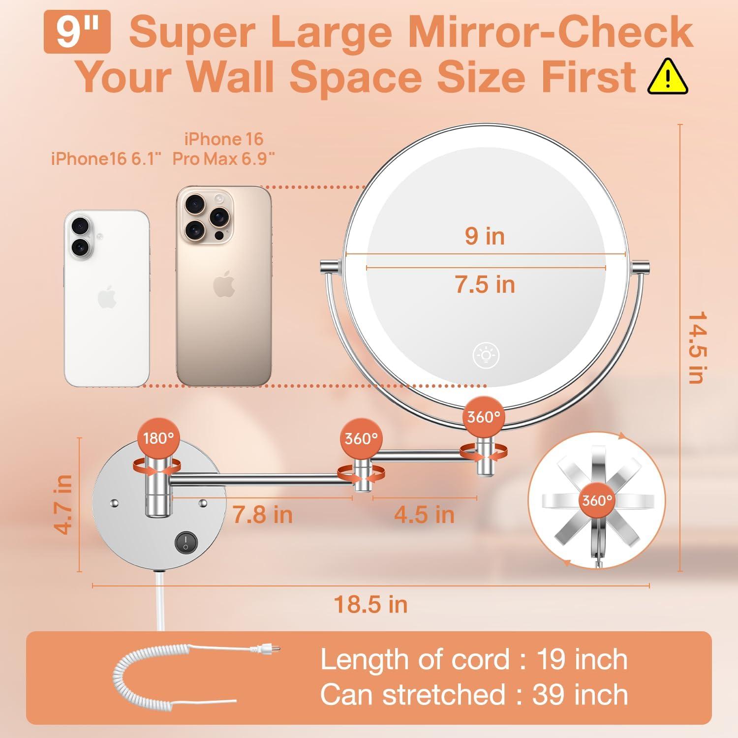 Benbilry 9" Large Size Wall Mounted Makeup Vanity Mirror, 1X/10X Magnifying Double Sided Shaving Mirror for Bathroom, 360° Swivel Extendable Arm Nickel Finish