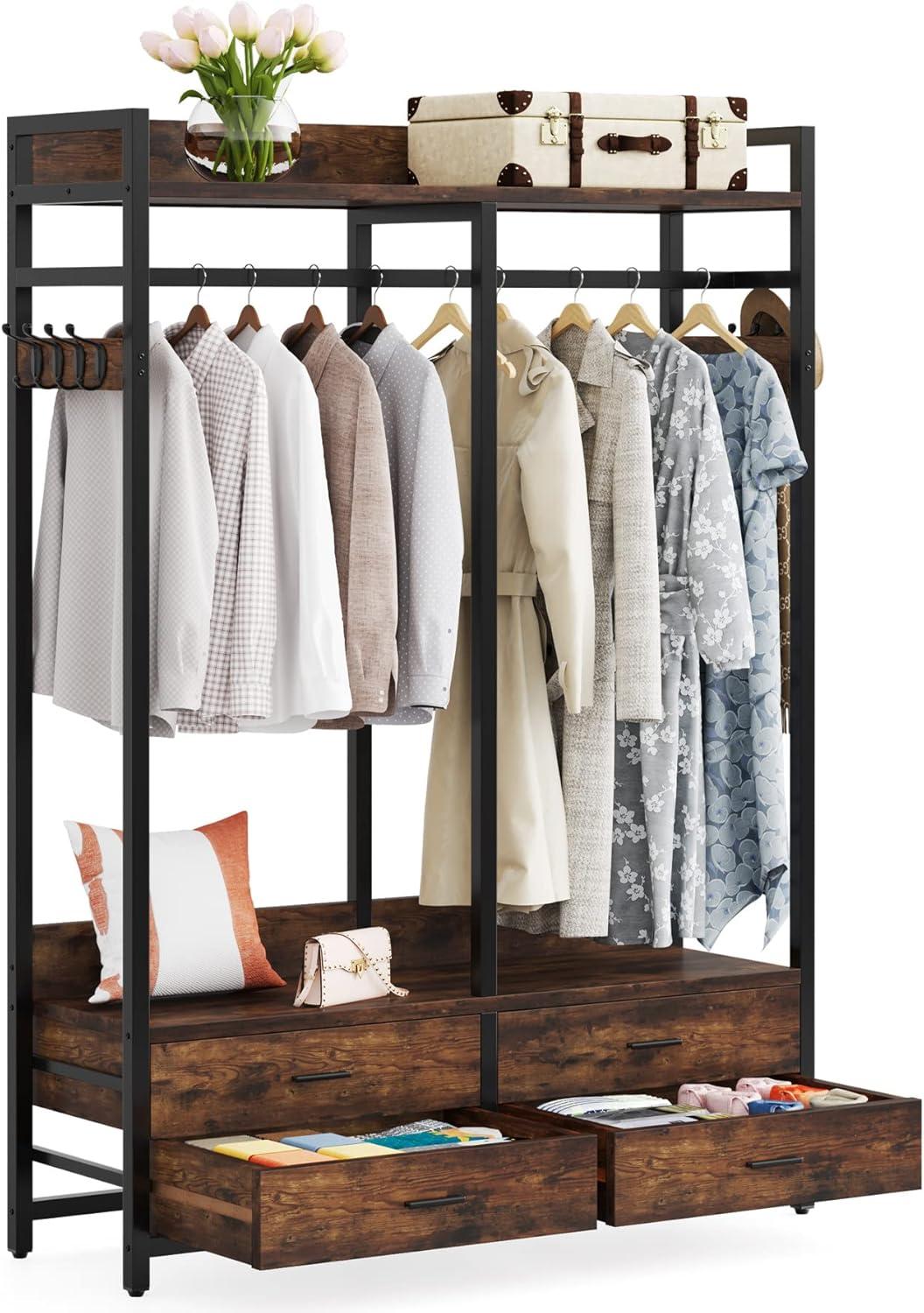 Tribesigns Freestanding Closet Organizer for Hanging Clothes, 47" Heavy Duty Garment Organizer with 4 Drawers and 8 Hooks, Garment Rack for Bedroom, Living Room, Entrance, Rustic Brown