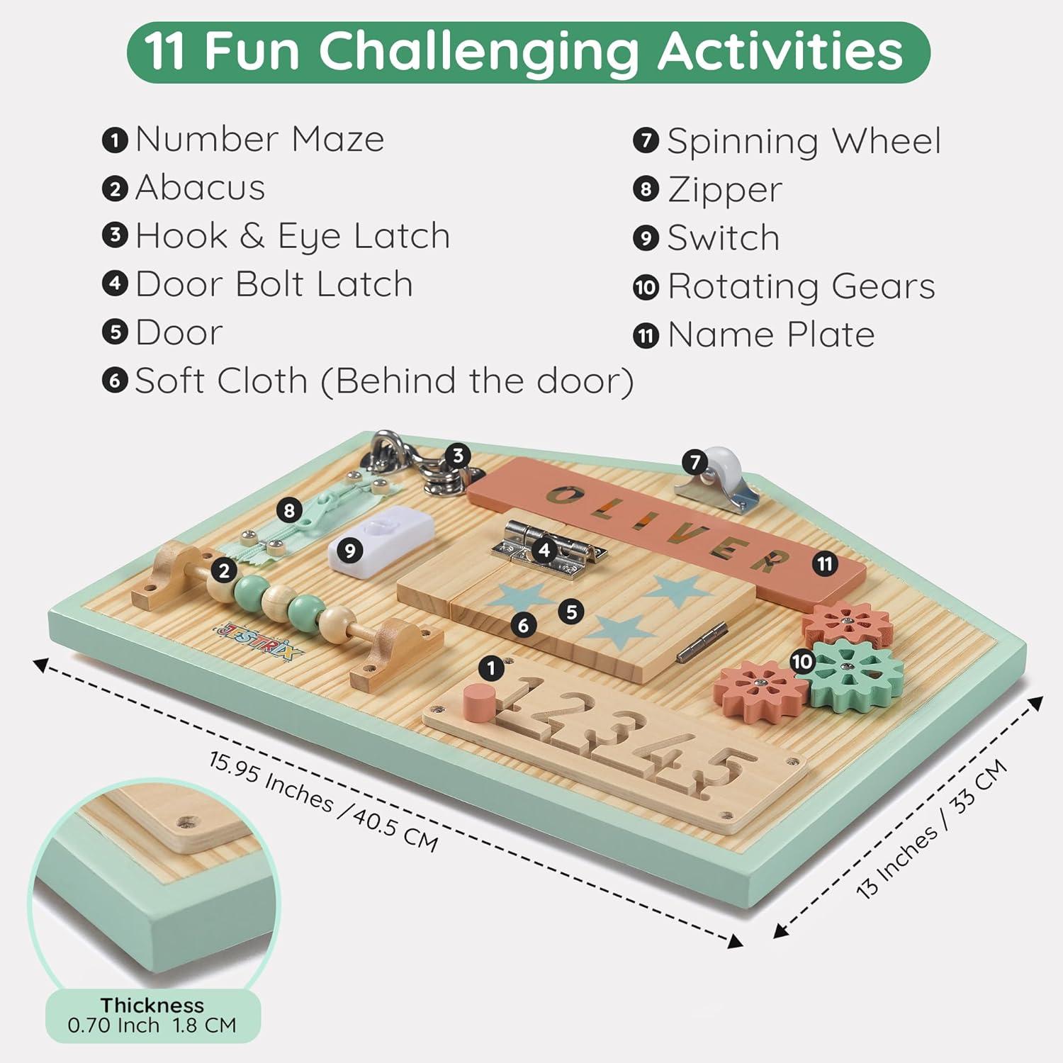 HomeSkill Wall & Travel Busy Board Panel – Can Be Personalized – Sensory Toy with 11 Activities – Solid Wooden Activity Board to Promote Early Childhood Development – Perfect for Toddler Playrooms