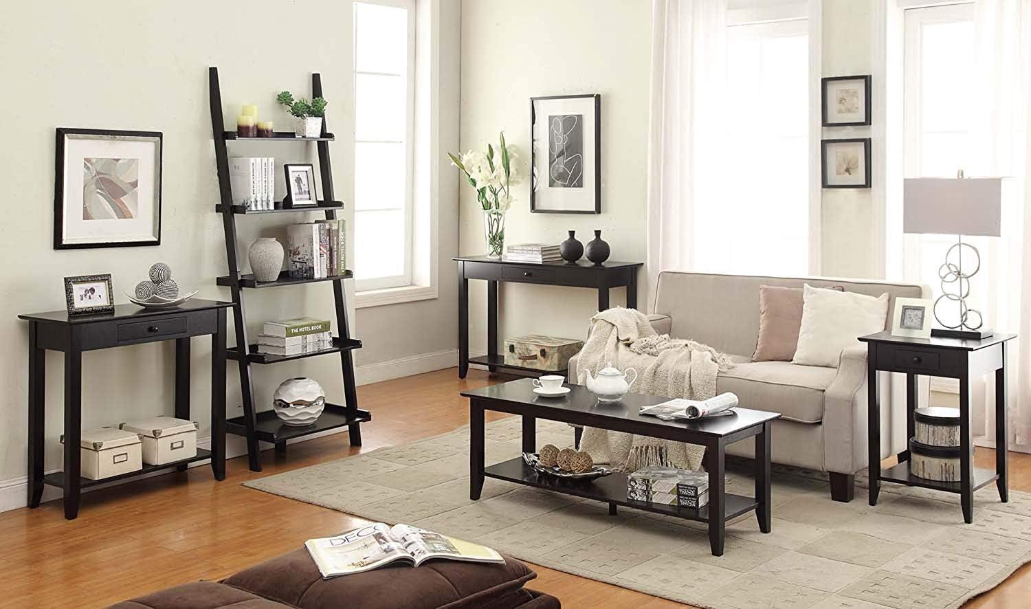 Black Wood Console Table with Drawer and Shelf