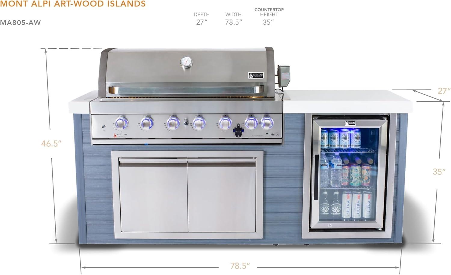 Mont Alpi MA805-AW Artwood Series High Density Polyethylene 6-Burner 87000 BTU Propane Natural Gas Stainless Steel Outdoor Kitchen Island Grill + Granite Countertops + Double Access Doors + Refrigerator