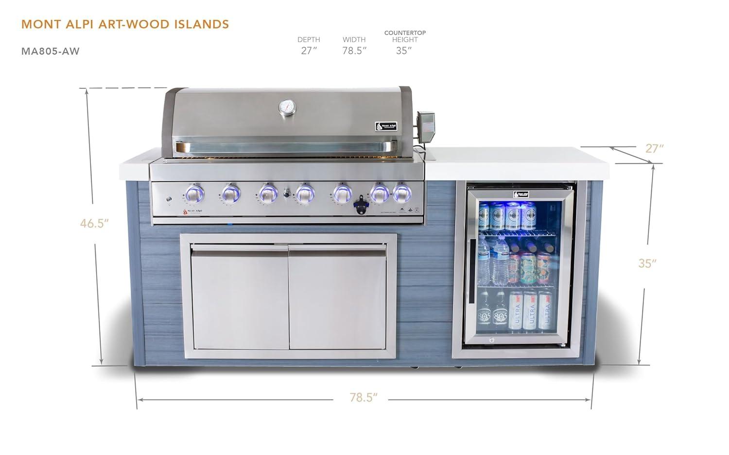 Mont Alpi MA805-AW Artwood Series High Density Polyethylene 6-Burner 87000 BTU Propane Natural Gas Stainless Steel Outdoor Kitchen Island Grill + Granite Countertops + Double Access Doors + Refrigerator