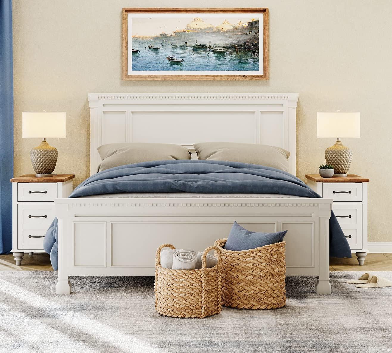 WAMPAT 2 Pack End Tables with Charging Station, Farmhouse Side Table with Drawer & Storage Cabinet, White Nightstand with Power Outlets & USB Ports for Living Room, Bedroom