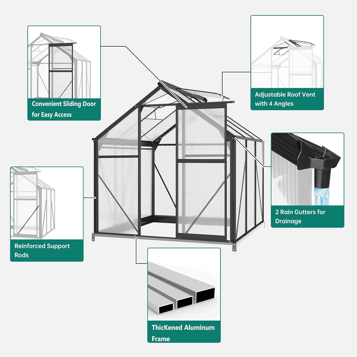 6x10 FT Polycarbonate and Aluminum Sliding Door Greenhouse