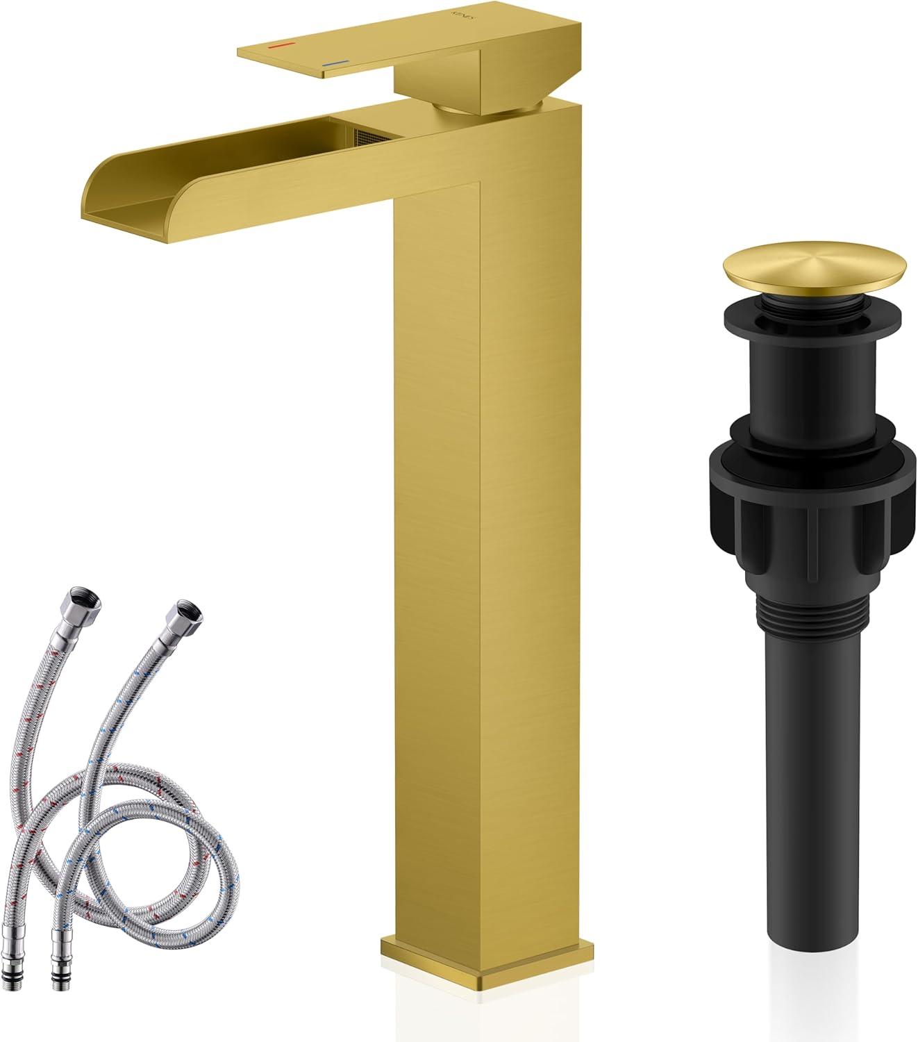 Brushed Gold Tall Stainless Steel Waterfall Bathroom Faucet