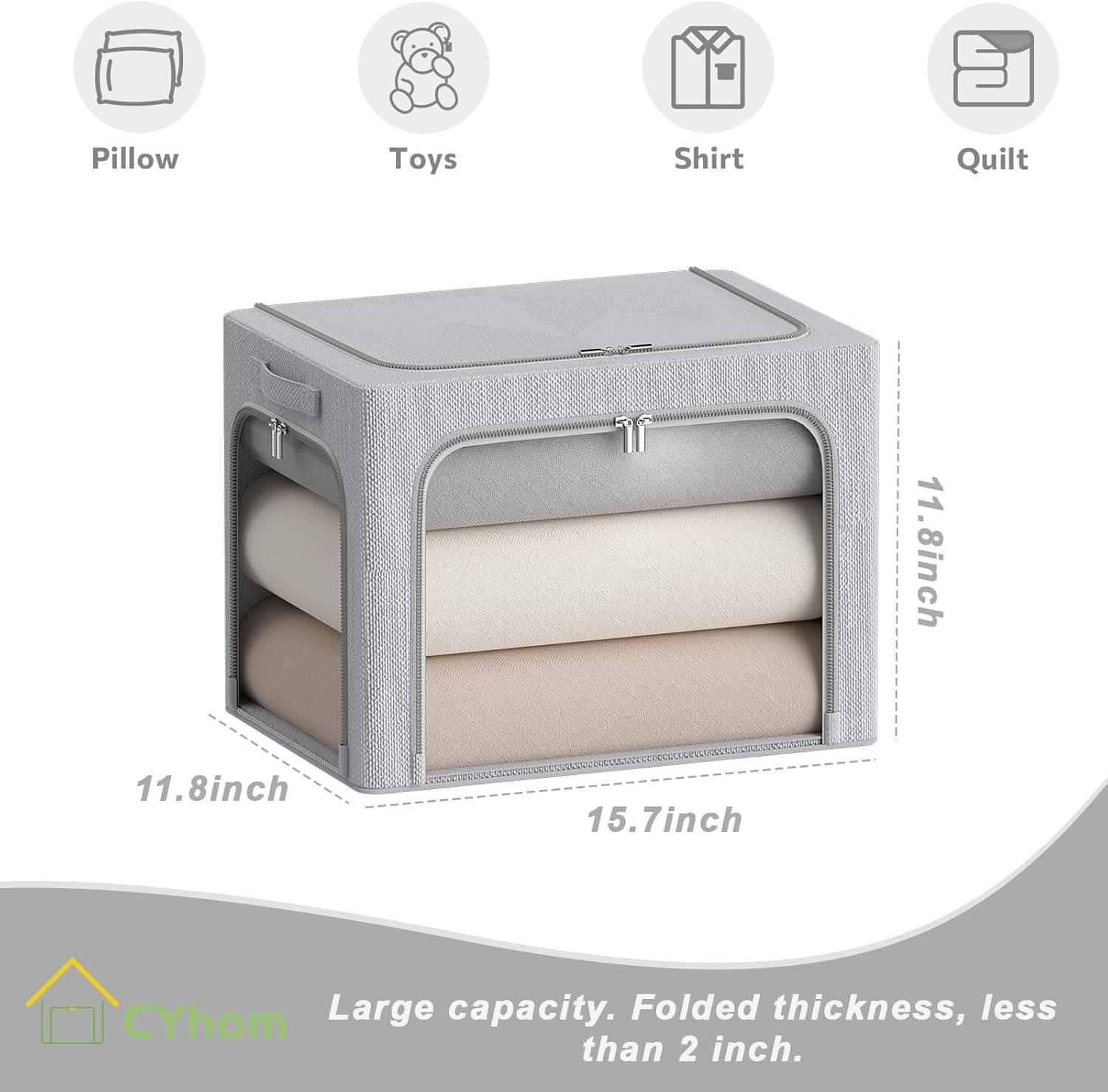 3 Openings Clothes Storage Bins with Metal Frame, Foldable Storage Bin for Clothes, Clothing Storage Bins with Lid, Linen Storage Box With Clear Window＆ Zippers＆ Durable Handles.(3 Pcs,Light Grey,40L)