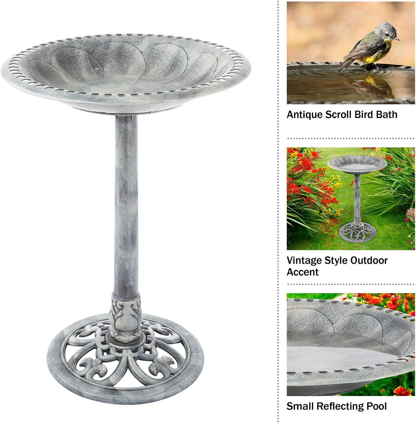 Gray Antique-Style Weather-Resistant Plastic Bird Bath with Stand