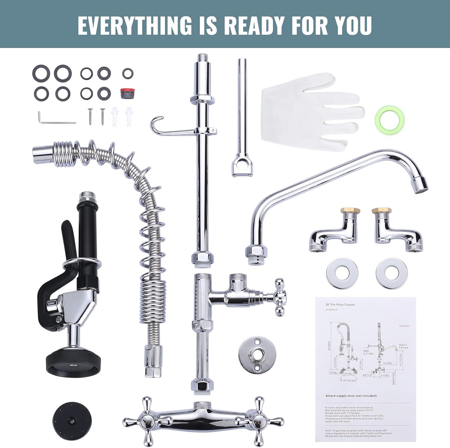 26 in. Commercial 3-Handle Pull Down Kitchen Faucet Wall Mount with Pre Rinse Sprayer in Chrome