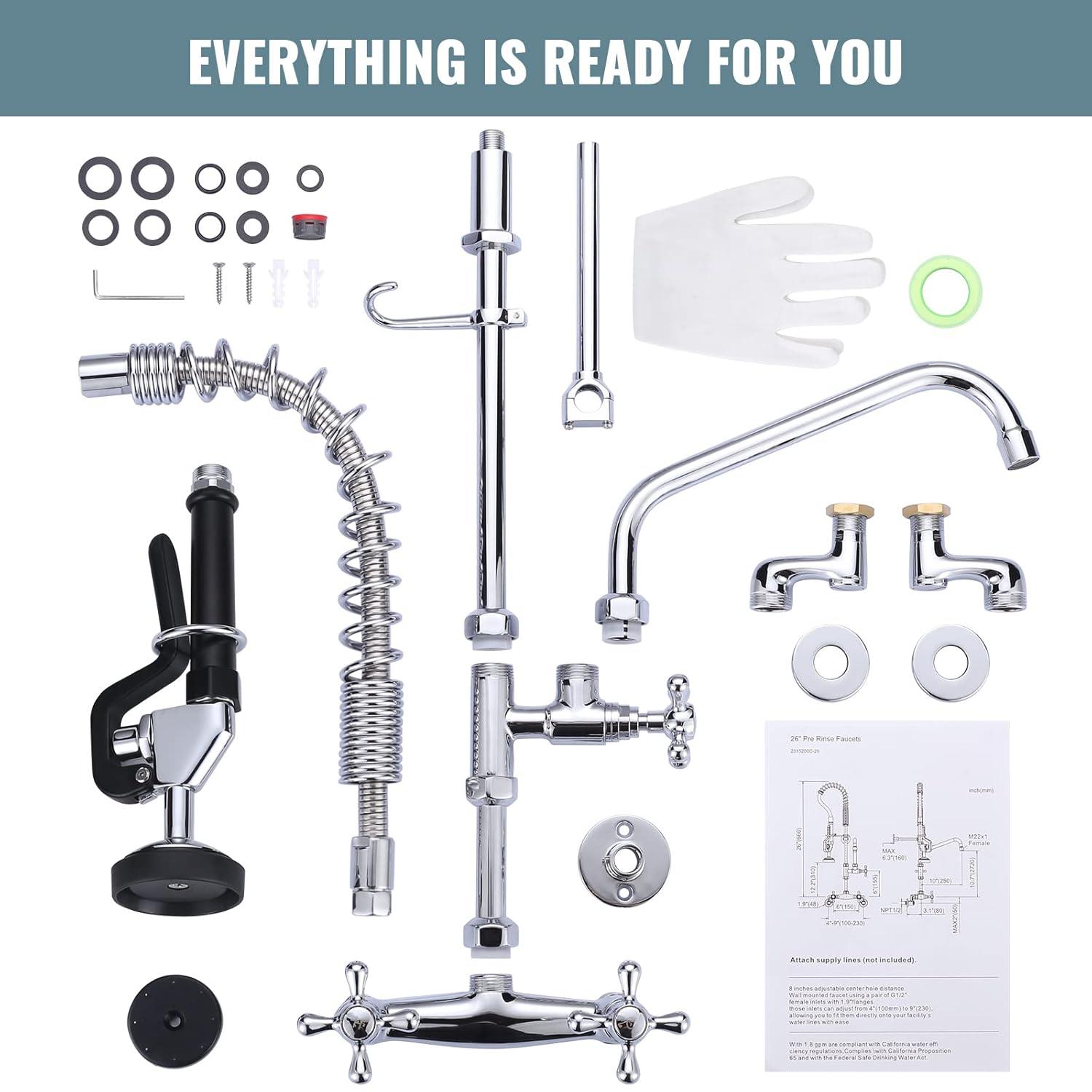26 in. Commercial 3-Handle Pull Down Kitchen Faucet Wall Mount with Pre Rinse Sprayer in Chrome