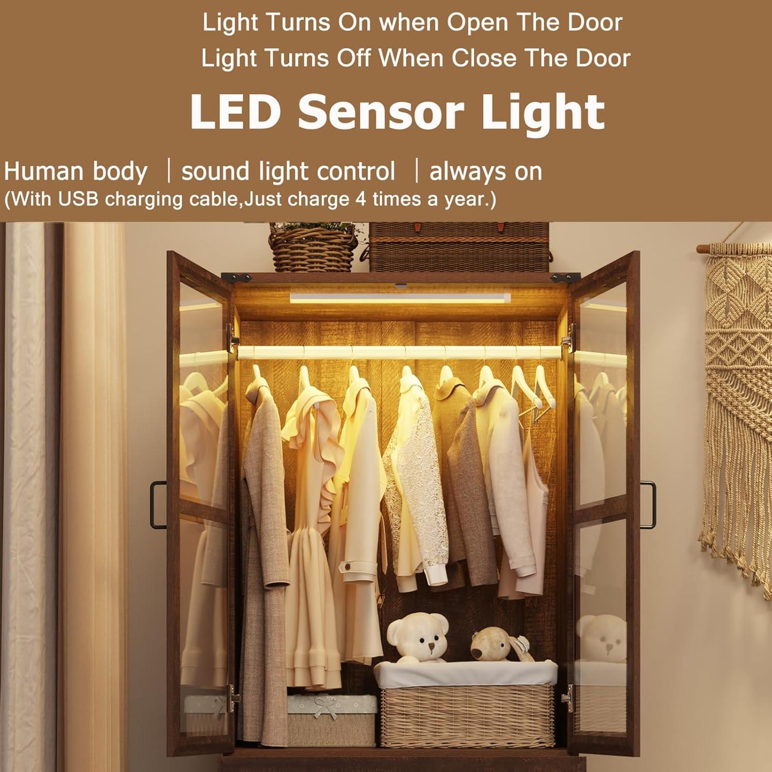 Ivy Bronx 75" Tall Farmhouse 2 Doors Armoire Wardrobe Closet with 3 Drawers and LED,Freestanding Closet