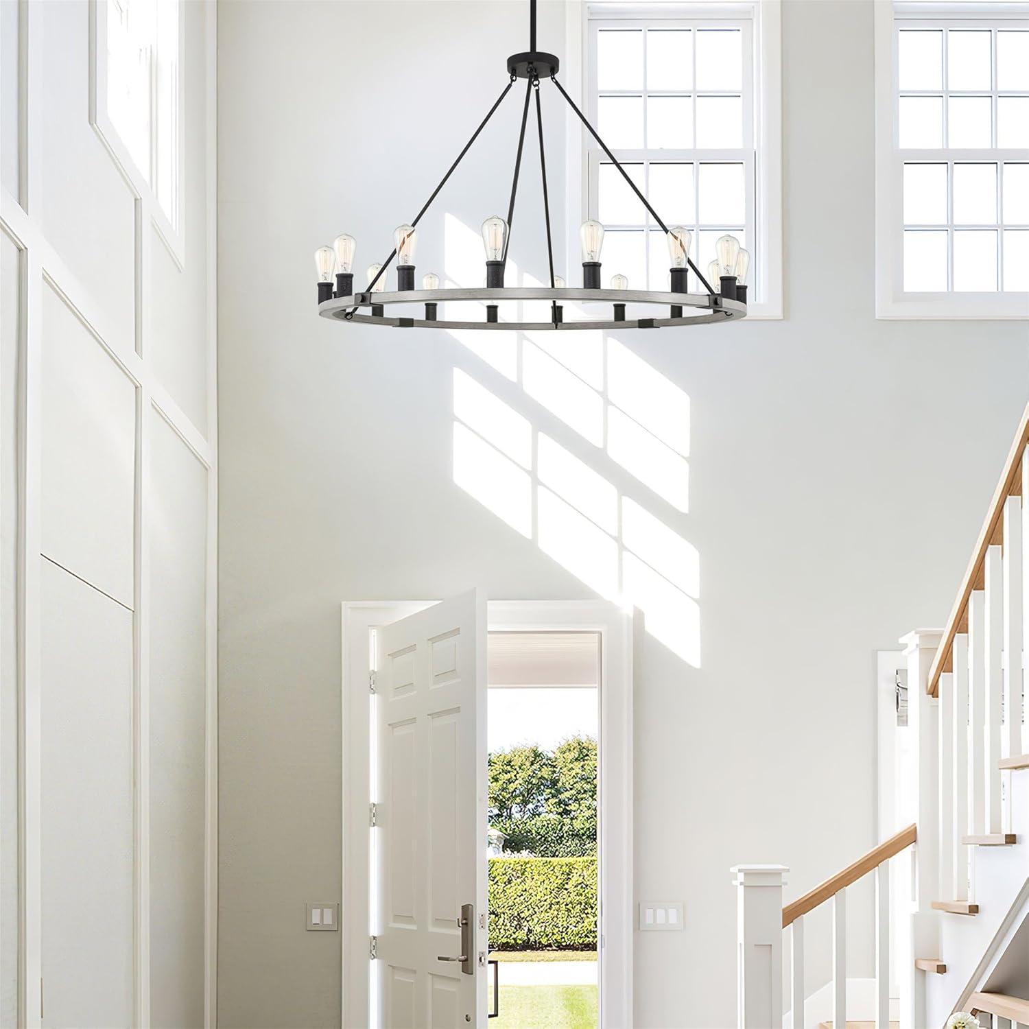 Kira Home Jericho 48" Rustic Farmhouse Wagon Wheel Chandelier, Round Kitchen Island Light, Accents, Gray Oak Wood