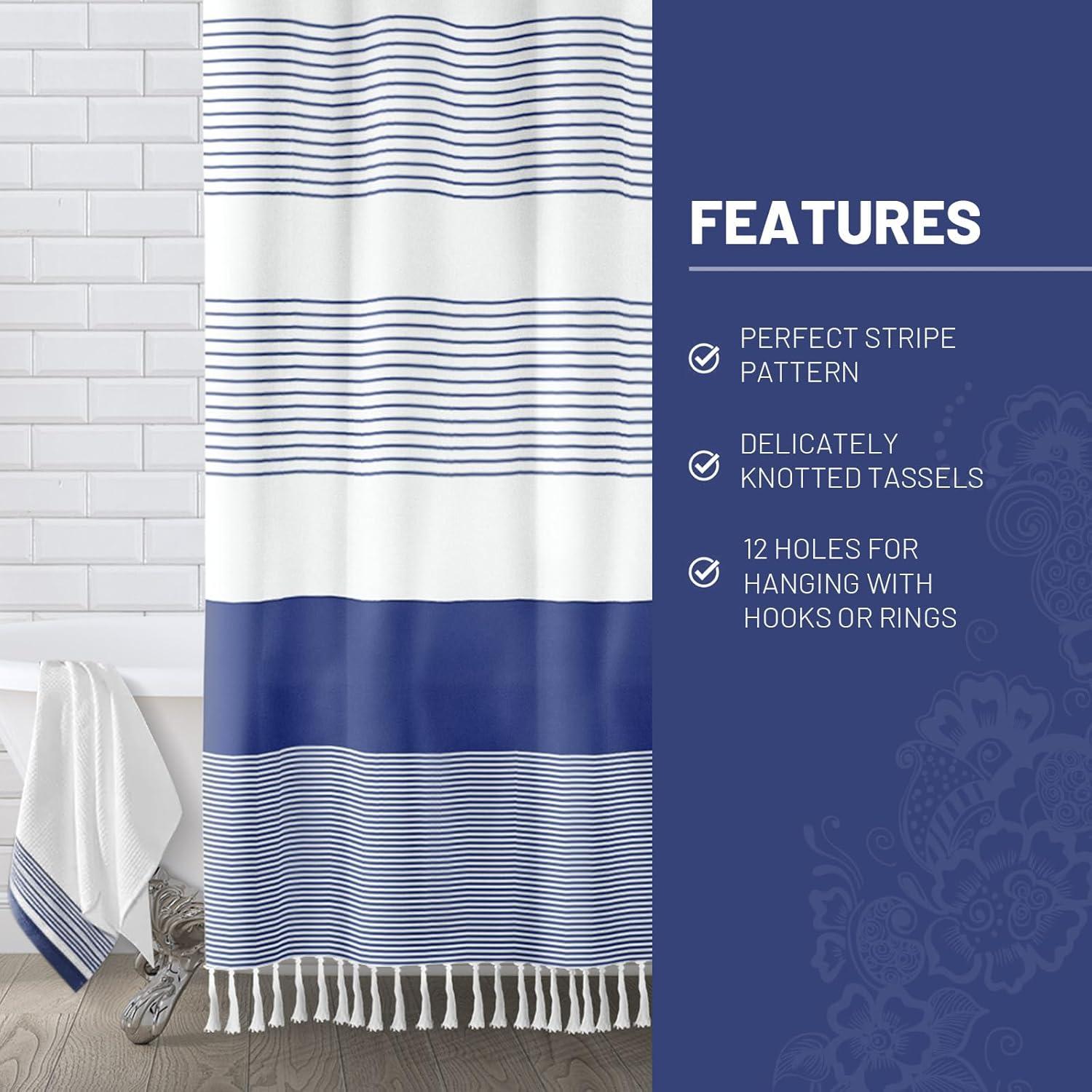 bufftieo Navy Blue and White Shower Curtain for Bathroom Boho Striped Fabric Modern Farmhouse Tassel Shower Curtain Sets - 72" x 72"