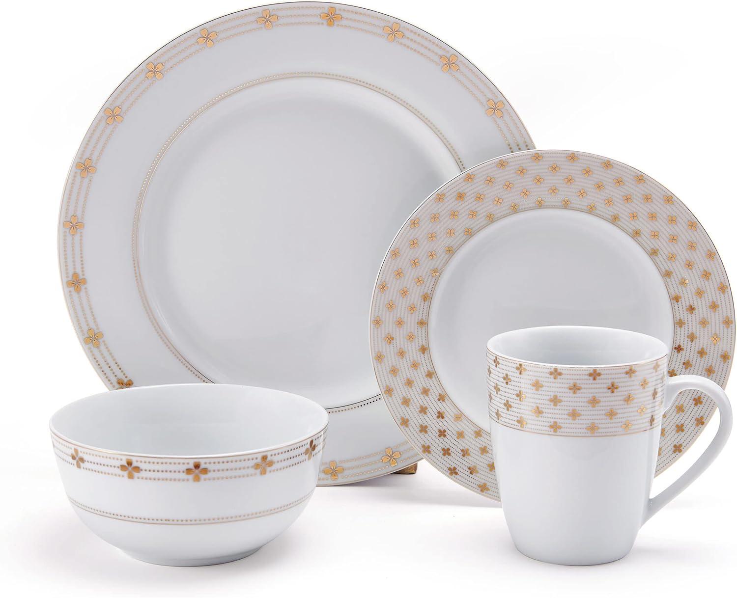 Modern Petals White and Gold Porcelain Dinnerware Set, Service for 8