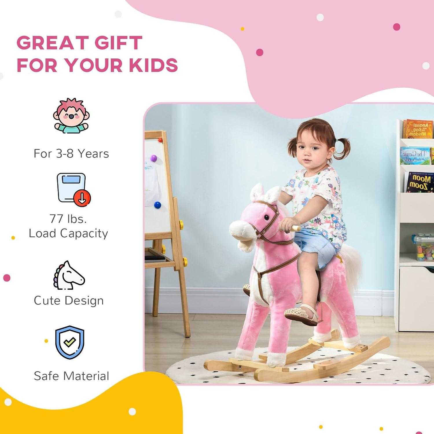 Qaba Rocking Horse with Sound, Ride on Horse with Saddle, Toddler Rocker, Gift for 3-8 Year Old, Pink