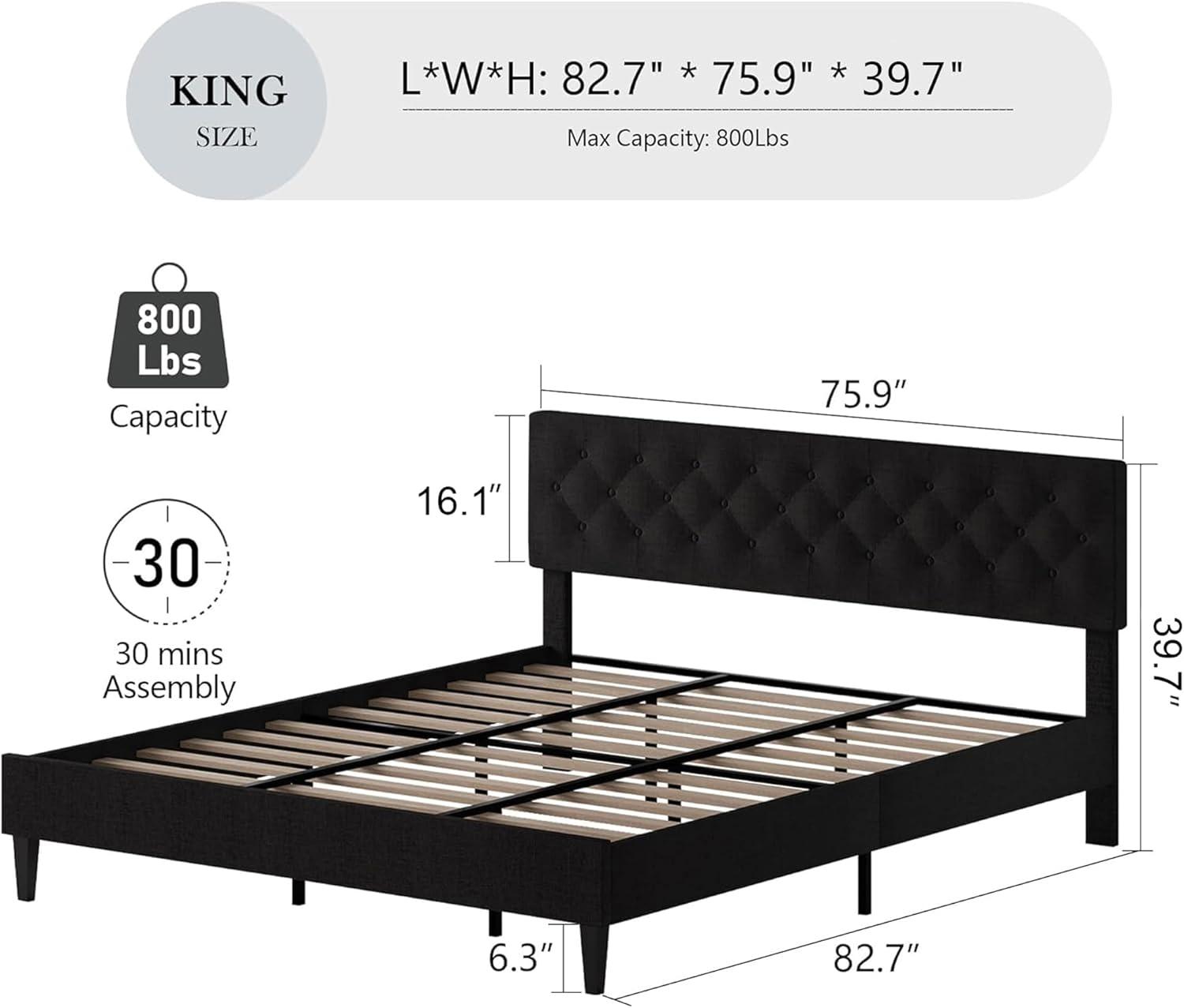 King Size Bed Frame, Upholstered Platform Bed Frame King with Button Tufted Headboard, Wooden Slats Support, No Box Spring Required, Easy Assembly, Navy Blue