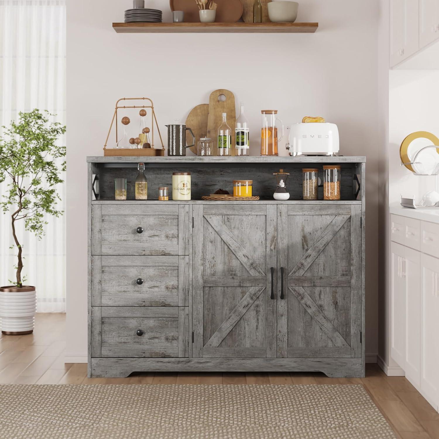 47" Distressed Grey Farmhouse Storage Cabinet with Doors & Drawers, Sideboard Buffet Cabinet with Storage, Kitchen Pantry Hutch, Coffee Bar Station Table for Kitchen, Living Room, Dining Room