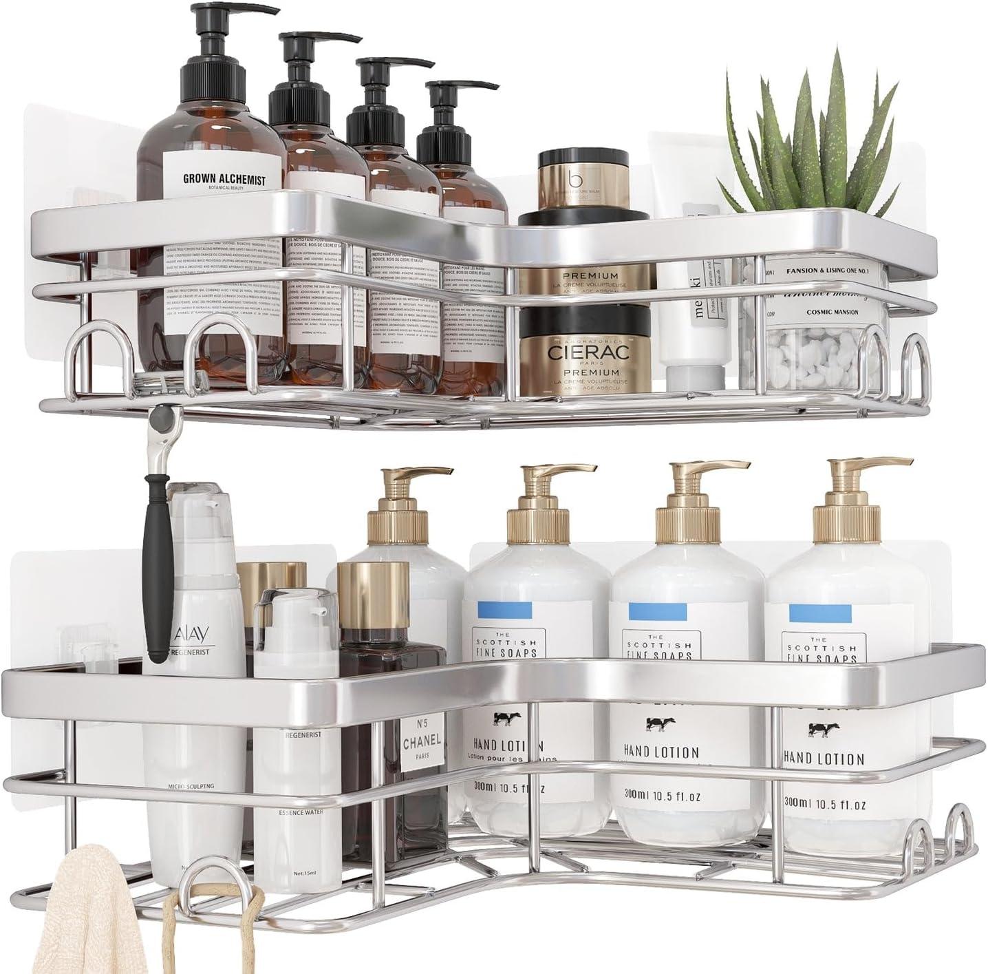 Corner Shower Caddy - 2 Pack, Adhesive Shower Organizers, Rustproof Stainless Steel Shower Shelves with 8 Hooks, No Drilling Bathroom Organizers and Storage Racks, Space-Saving, Silver, Medium