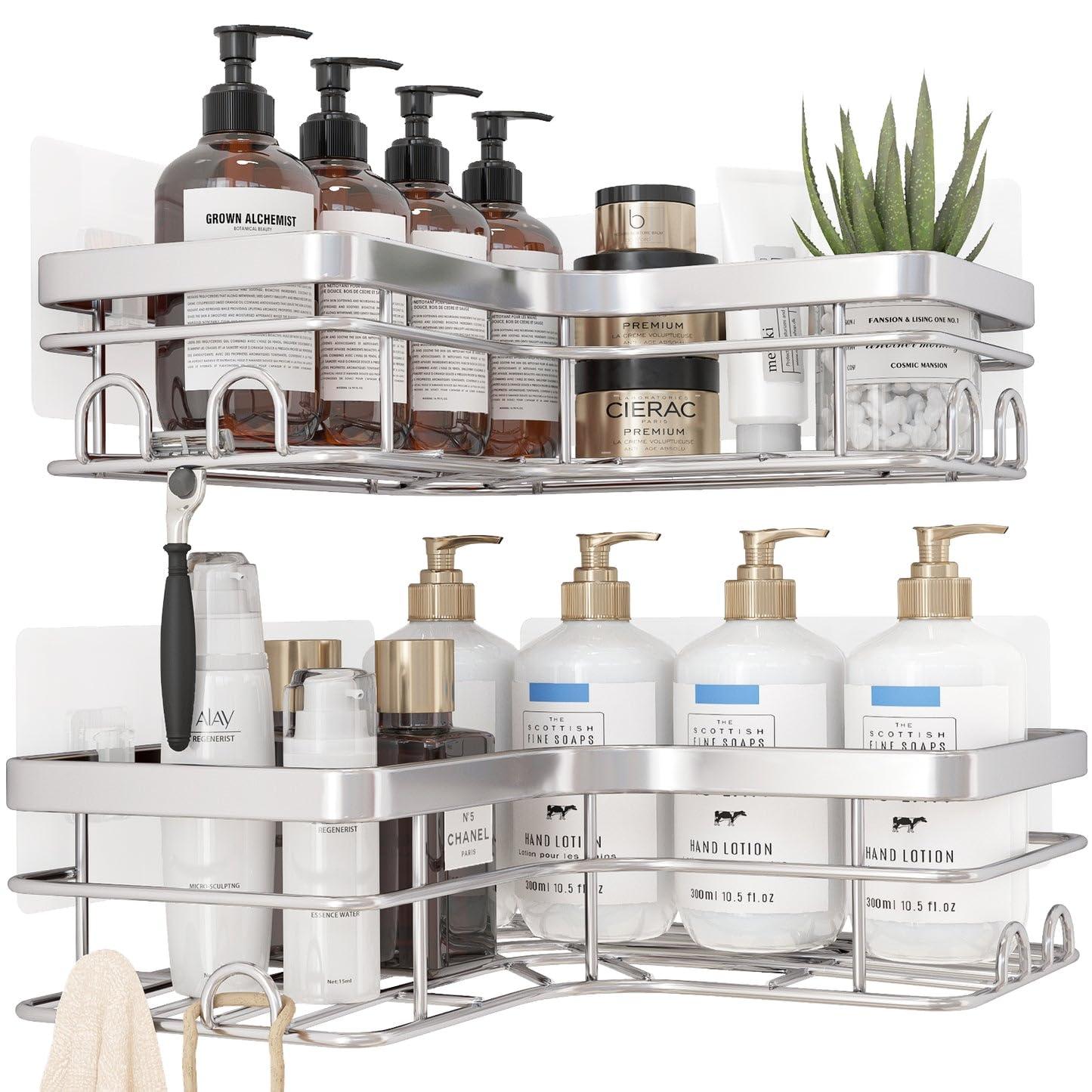 Corner Shower Caddy - 2 Pack, Adhesive Shower Organizers, Rustproof Stainless Steel Shower Shelves with 8 Hooks, No Drilling Bathroom Organizers and Storage Racks, Space-Saving, Silver, Medium