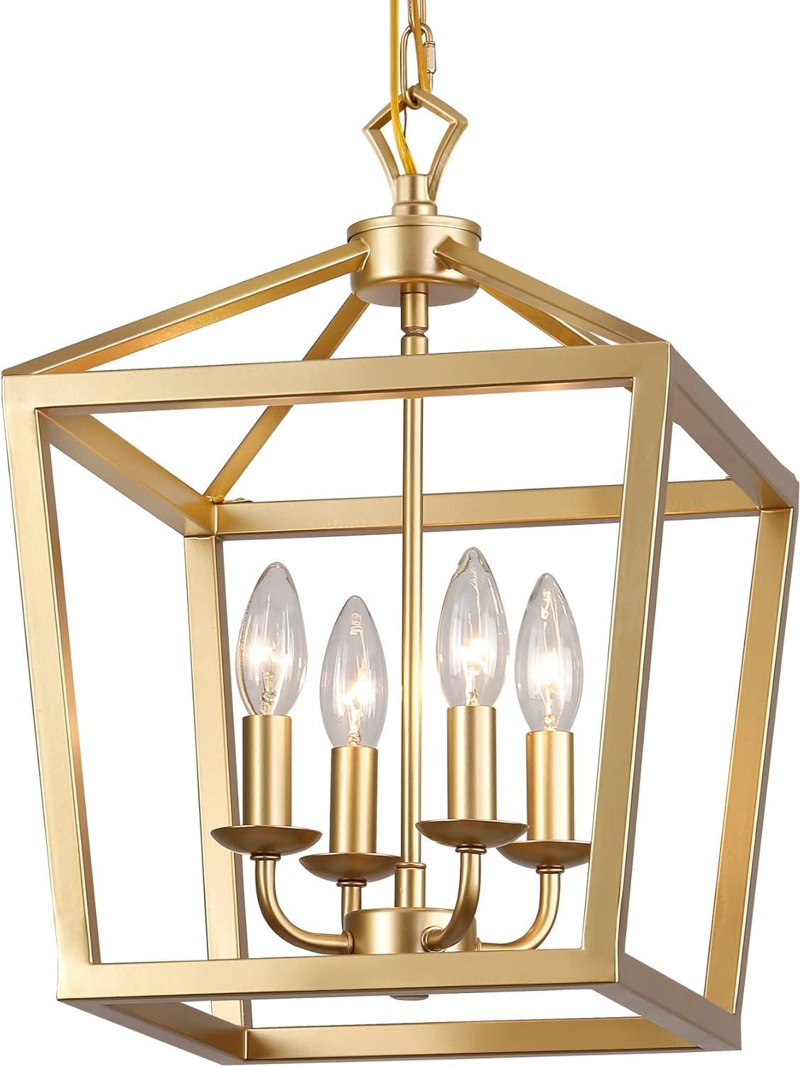 DUFEI Brushed Gold Chandelier, Modern 4-Lights Lantern Foyer Lighting Fixture for Dining Room, Kitchen Island, Bedroom and Living Room