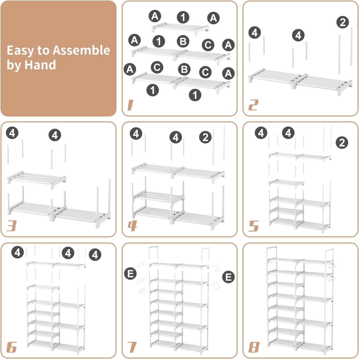 White Stackable 8-Tier Plastic Shoe Rack with Hooks