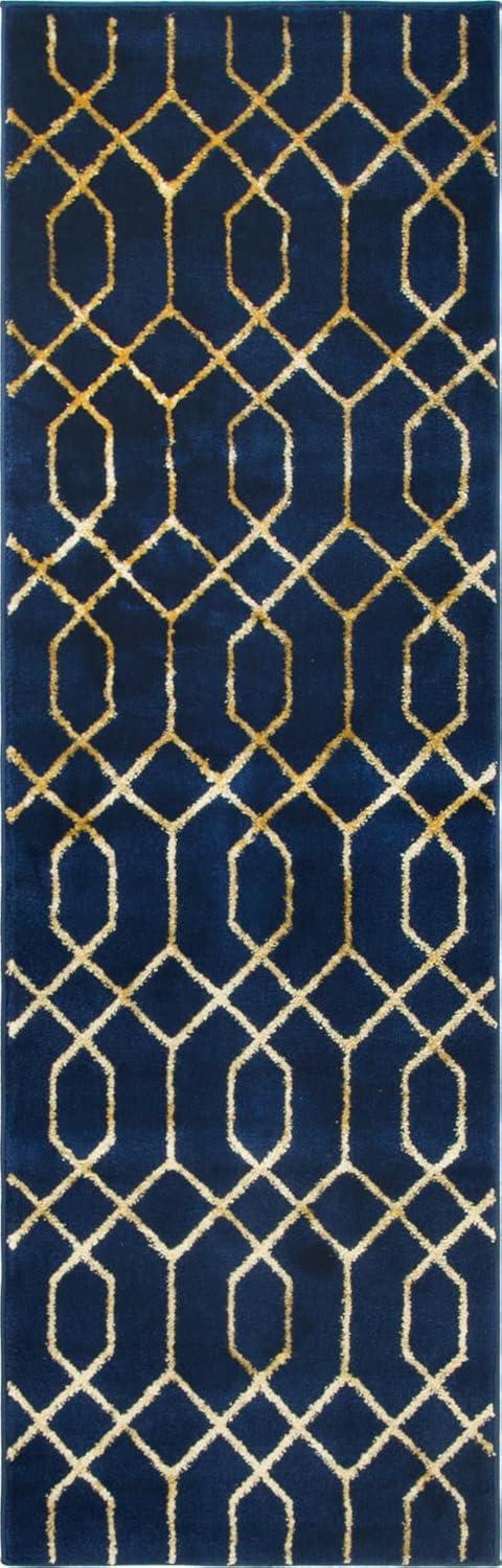 Regency Era Navy Blue & Gold Trellis Synthetic Runner Rug