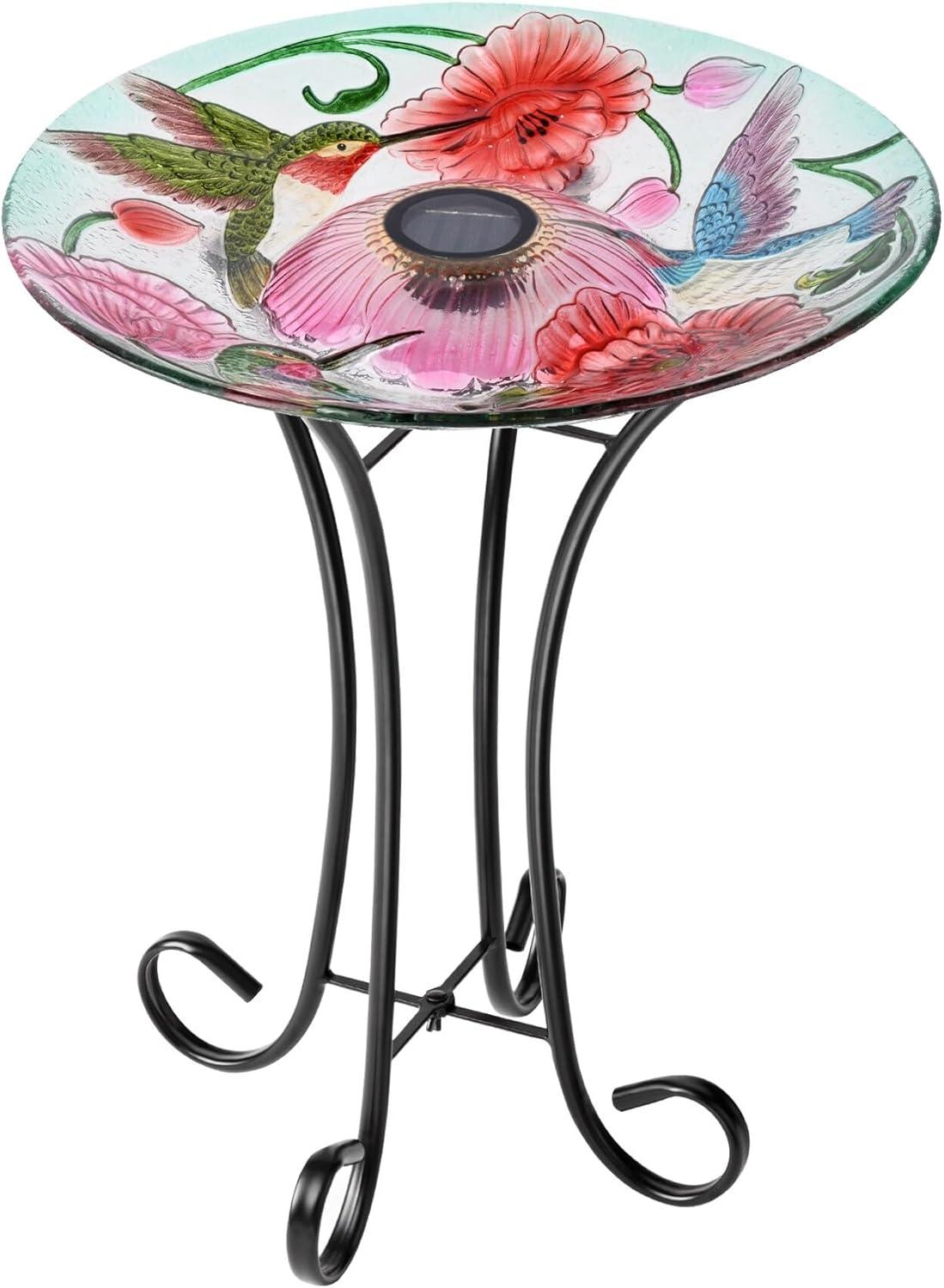 Solar LED Floral Glass Bird Bath with Metal Stand