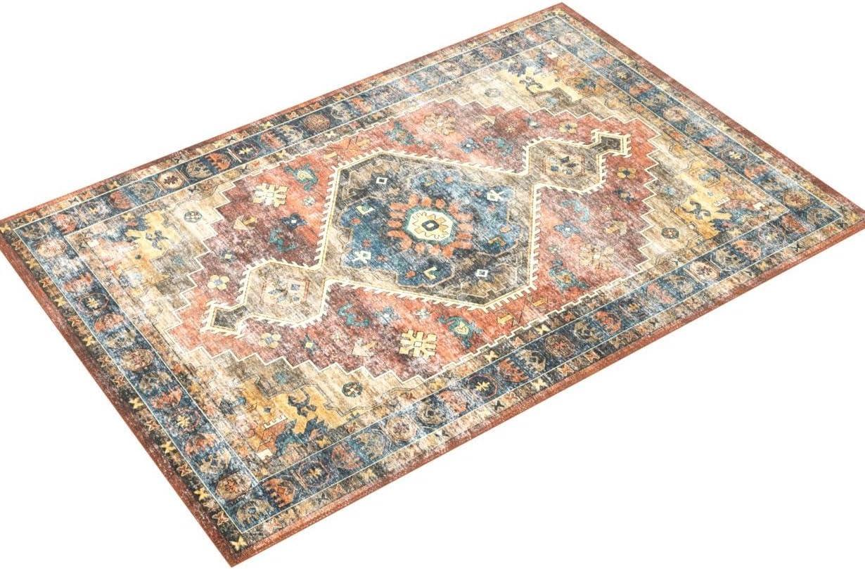 Blue and Rust Rectangular Synthetic 5' x 7' Area Rug