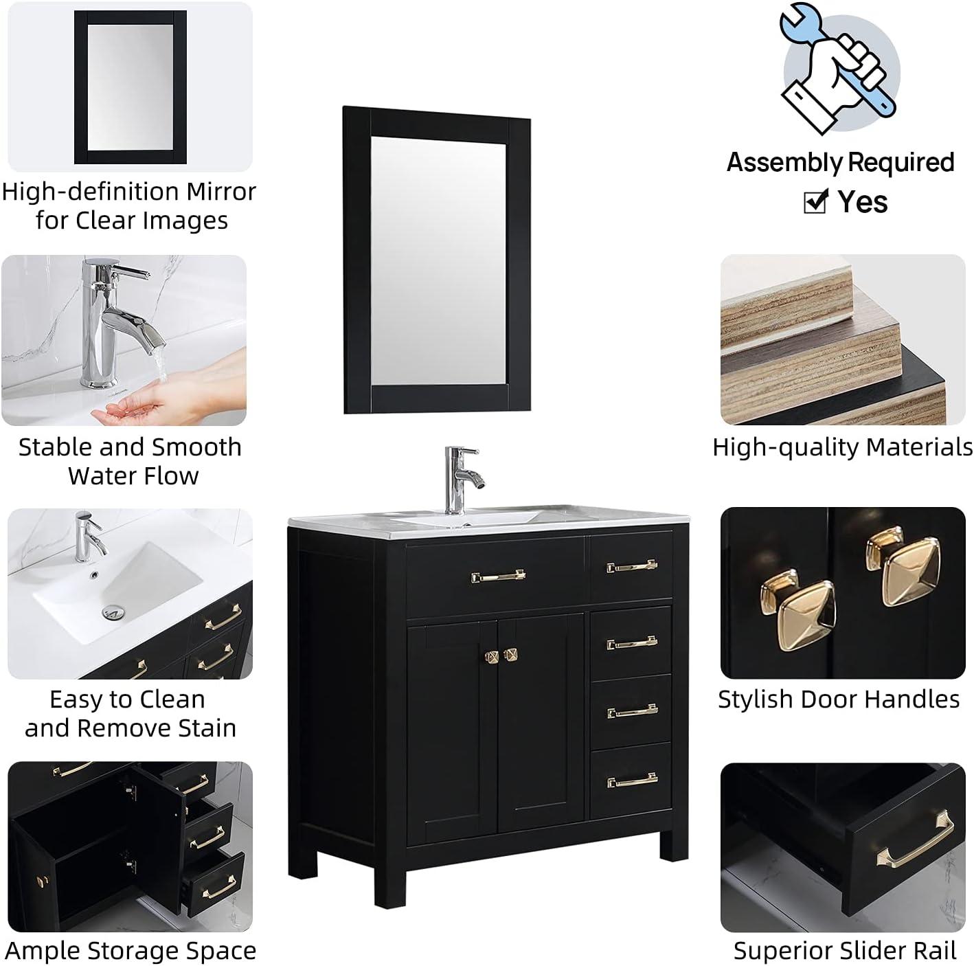 Wonline 36" Luxurious Bathroom Vanity with Sink Combo Set,Free Standing Bathroom Vanity Cabinet w/Thickened Wood, Faucet, Painted Surface, Mirror, Black