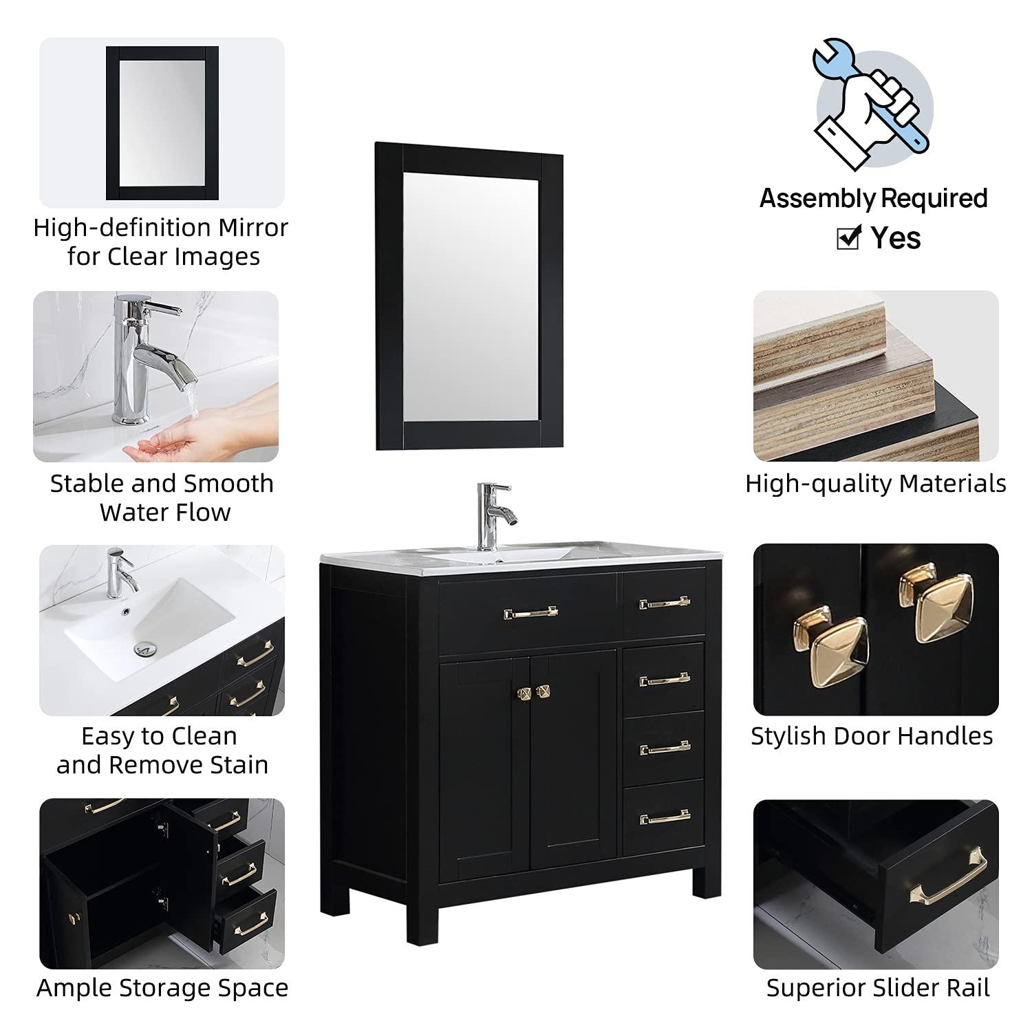 Wonline 36" Luxurious Bathroom Vanity with Sink Combo Set,Free Standing Bathroom Vanity Cabinet w/Thickened Wood, Faucet, Painted Surface, Mirror, Black