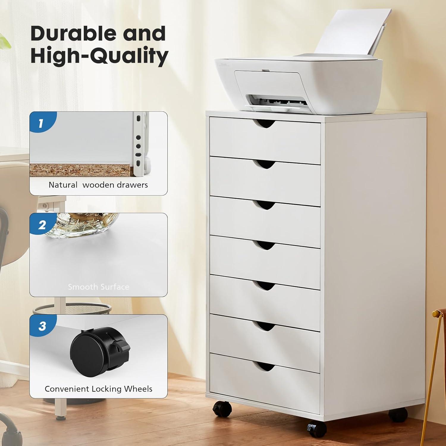 HeSLehs 7-Drawer Organizer, Tall Chest of Drawers with Caster Wheels, Alex Drawers File for Home Office, White