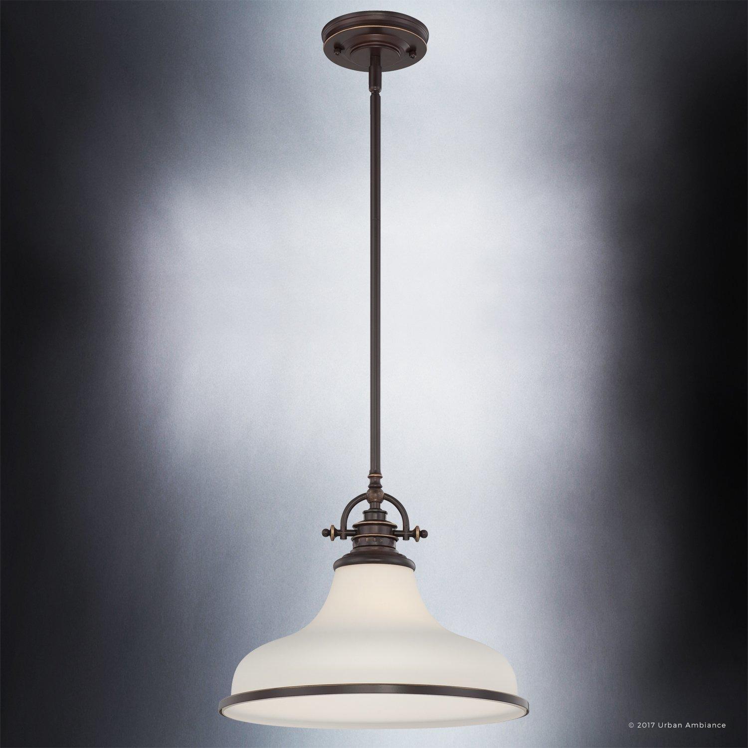 Urban Ambiance Luxury Industrial Hanging Pendant Light, Medium Size: 11.5"H x 13.5"W, with Americana Style Elements, Nostalgic Design, Oil Rubbed Parisian Bronze Finish and Opal Etched Glass, UQL2335