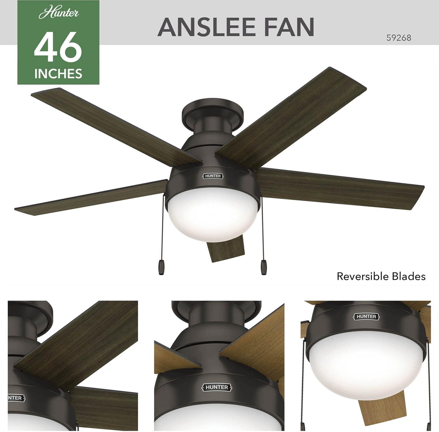 46" Anslee 5 - Blade LED Flush Mount Ceiling Fan with Pull Chain and Light Kit Included