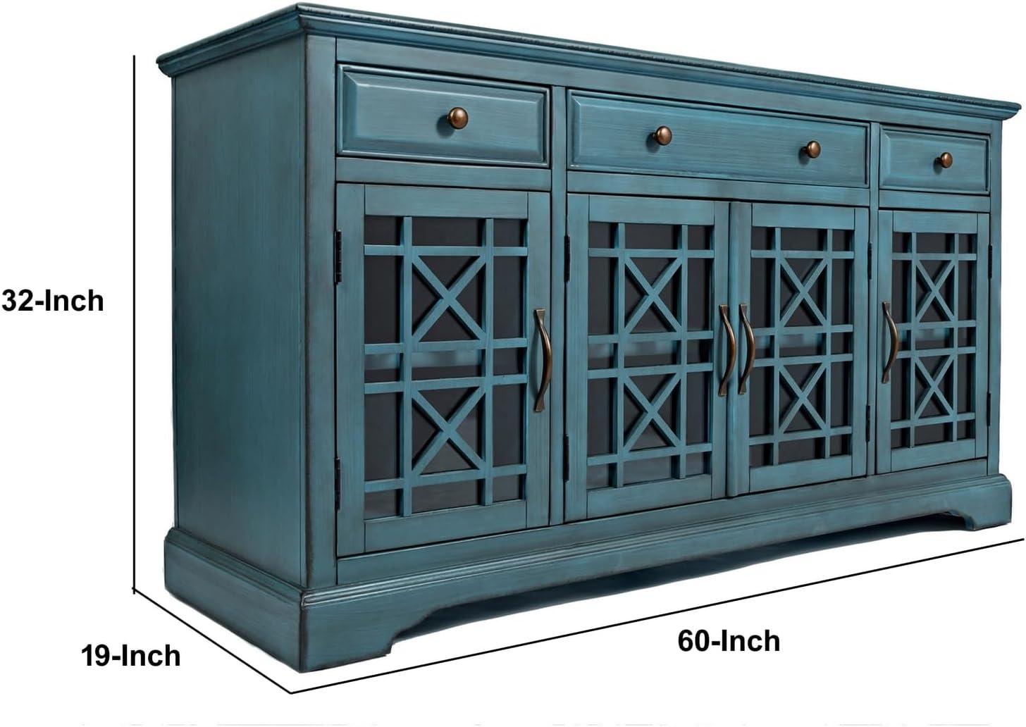 Benzara Koi 60 Inch Acacia Wood TV Media Entertainment Center Console, 4 Glass Doors, Crossed Wood Design, Antique Blue-Finish:Antique Turquoise